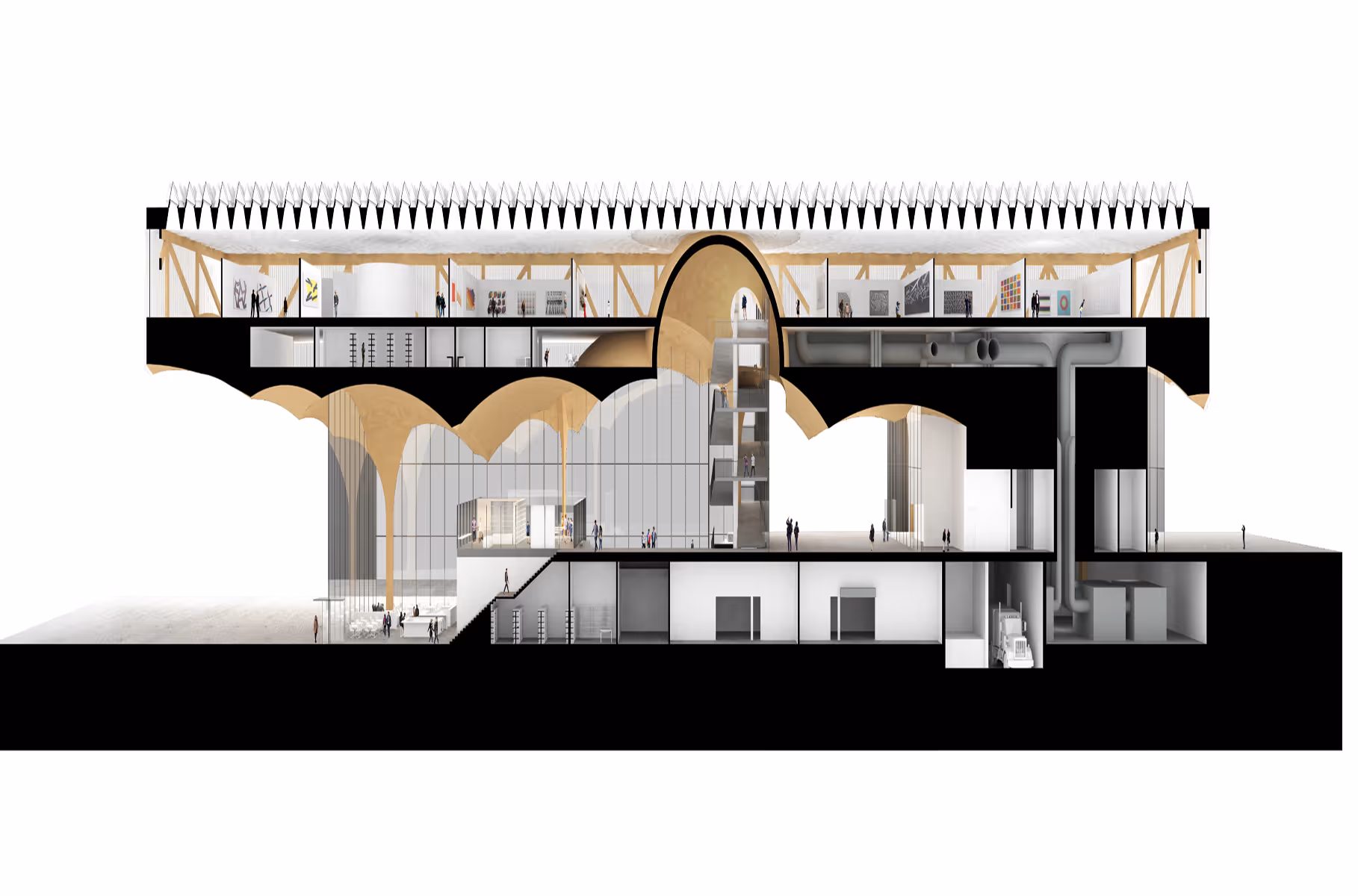 Cross section of modern museum with multiple floors, galleries, and visible arch supports and staircases.
