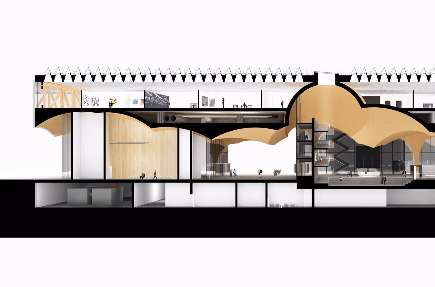 Architectural section of a building showing multiple floors, curved ceilings, stairs, and people inside.
