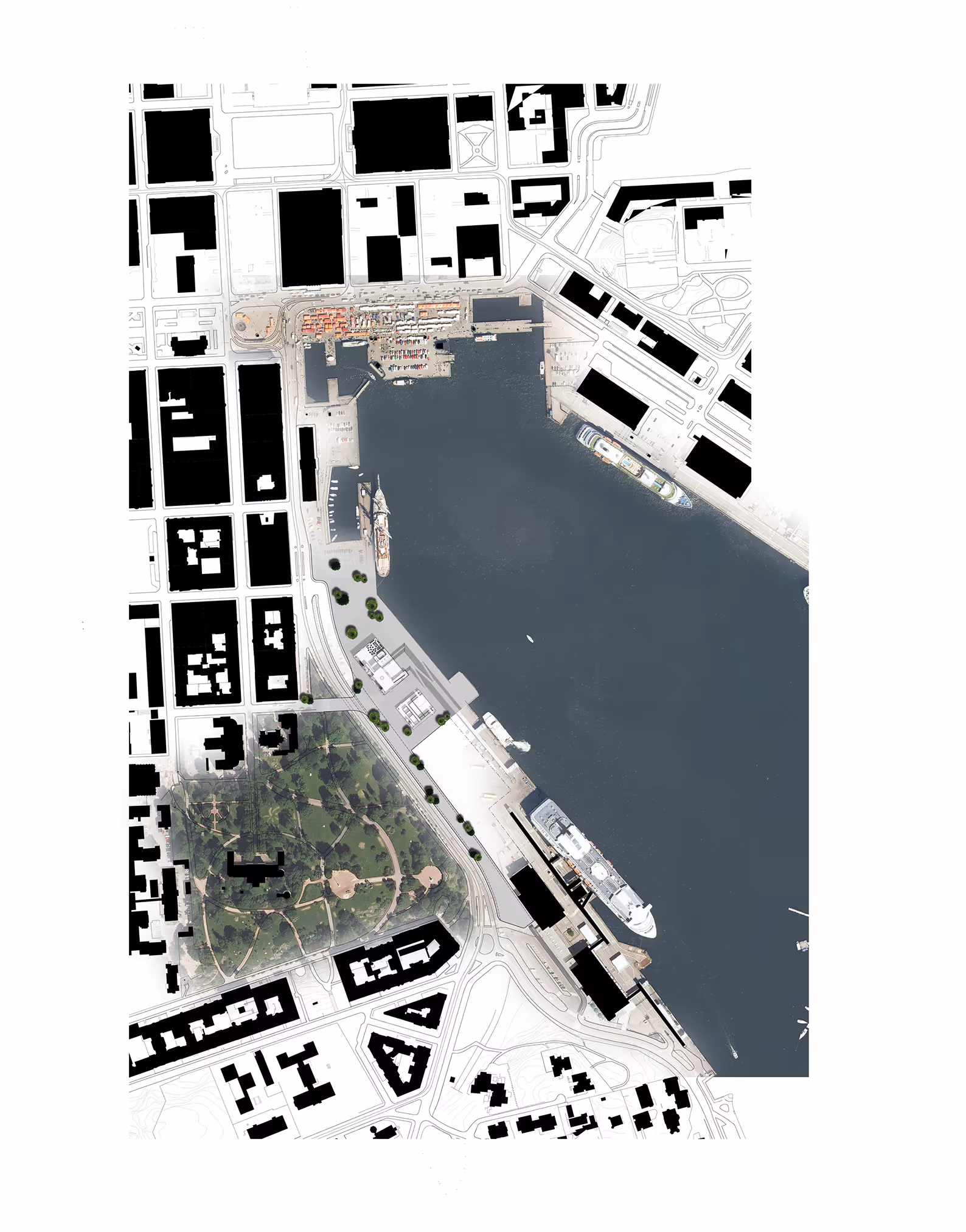 Aerial map view of a harbor area with docks, ships, buildings, roads, and a nearby park.