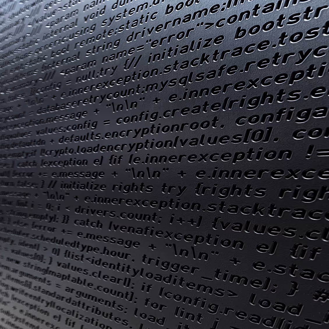 Close-up of black 3D-rendered programming code with syntax and error handling text.