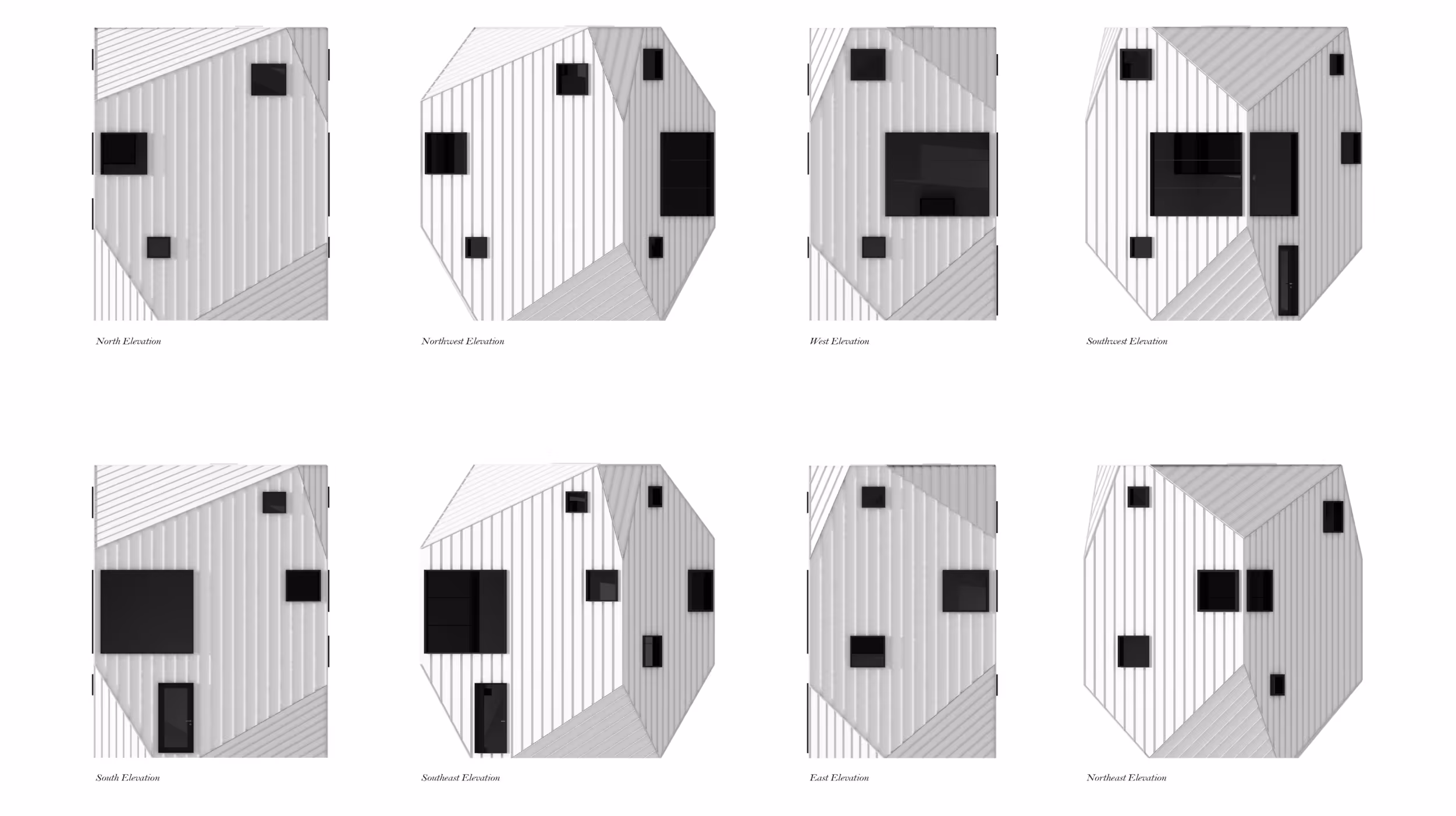 Architectural drawings showing eight different elevations of a modern heptagonal house with windows and doors.