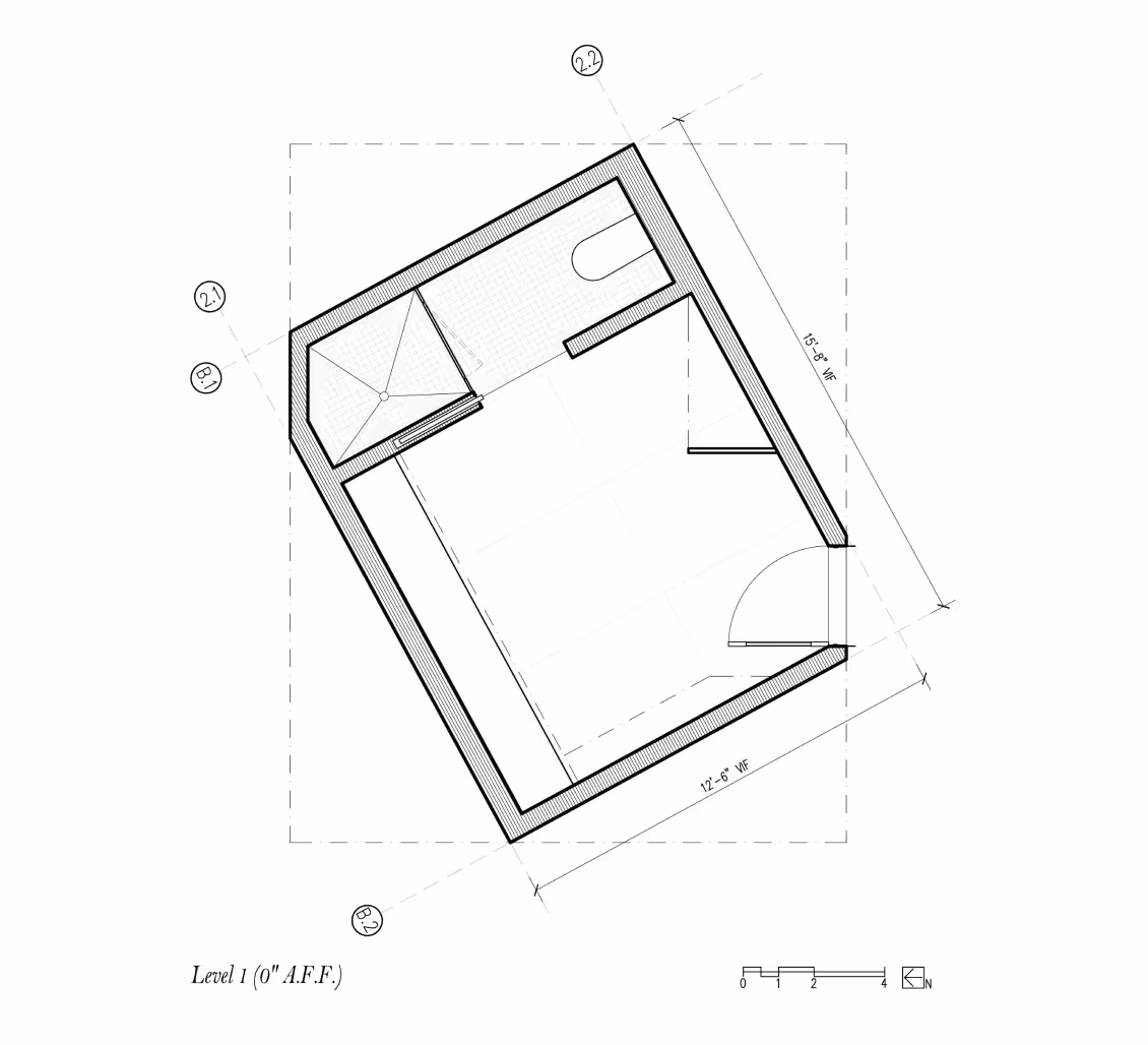 Architectural floor plan of a room with a bathroom, door, and dimensions 15'8" by 12'6".