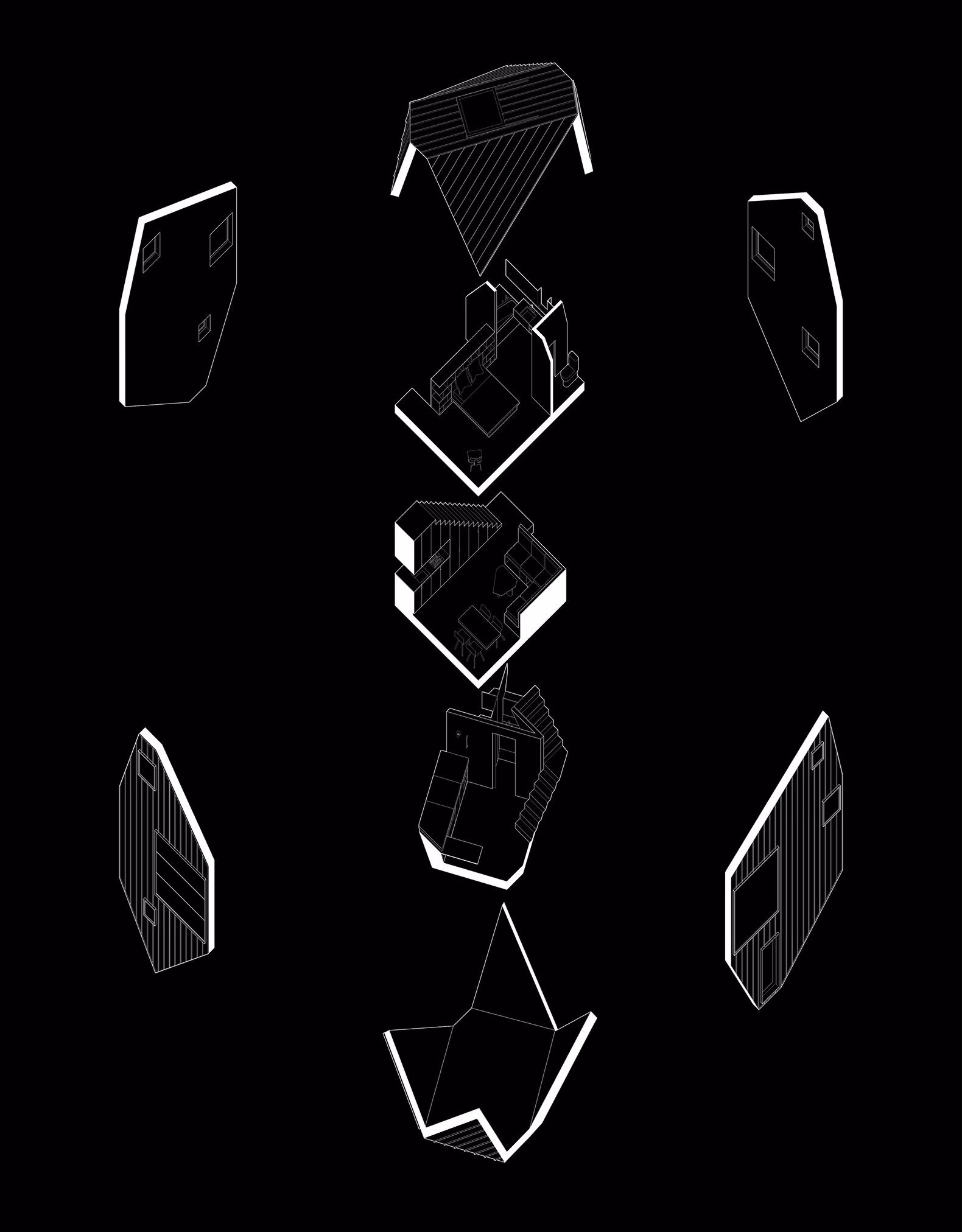 Exploded axonometric view of a multi-level heptagon house with interior room layouts and exterior walls.