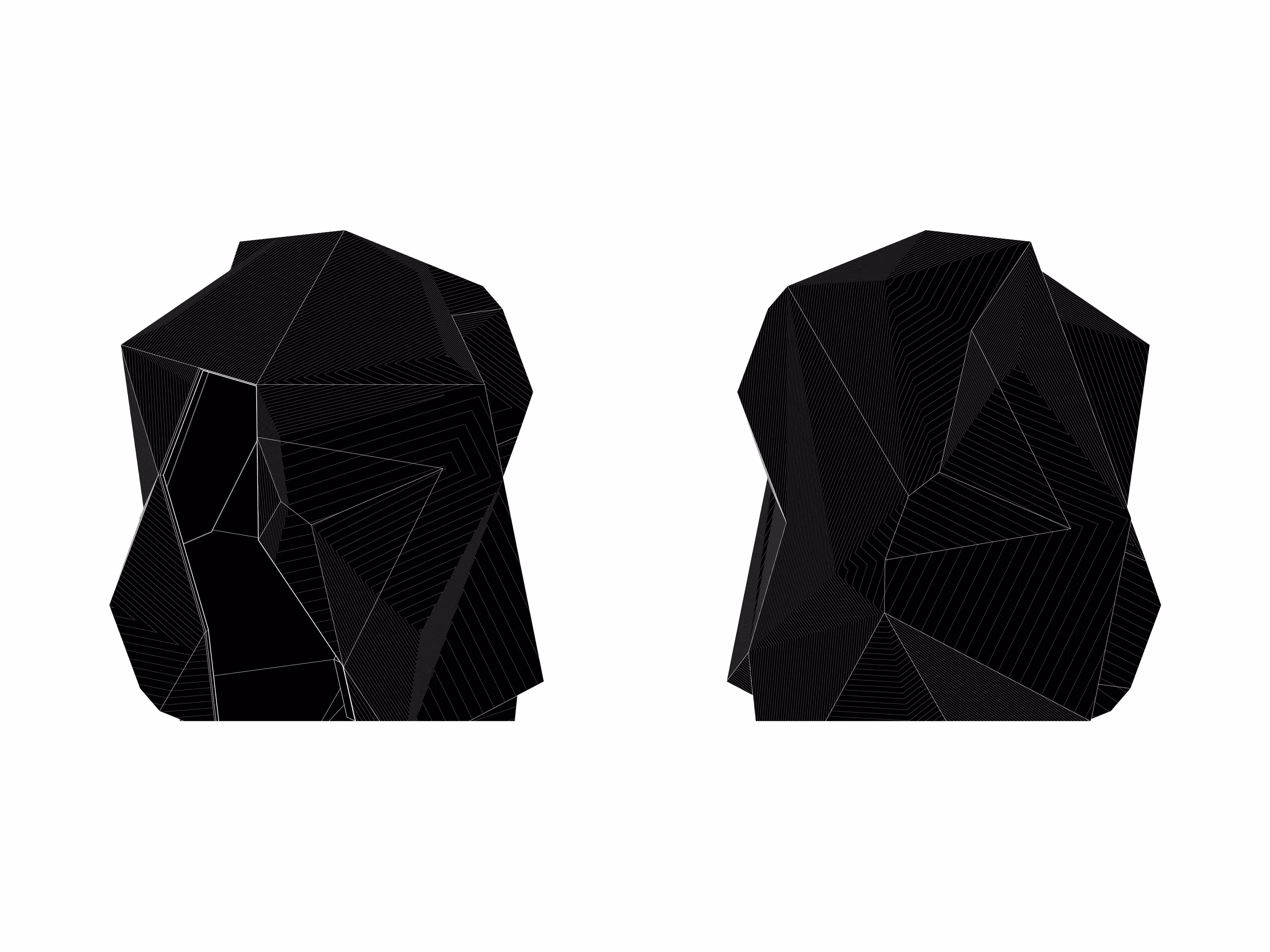 Two black geometric shapes with thin white contour lines on a white background.