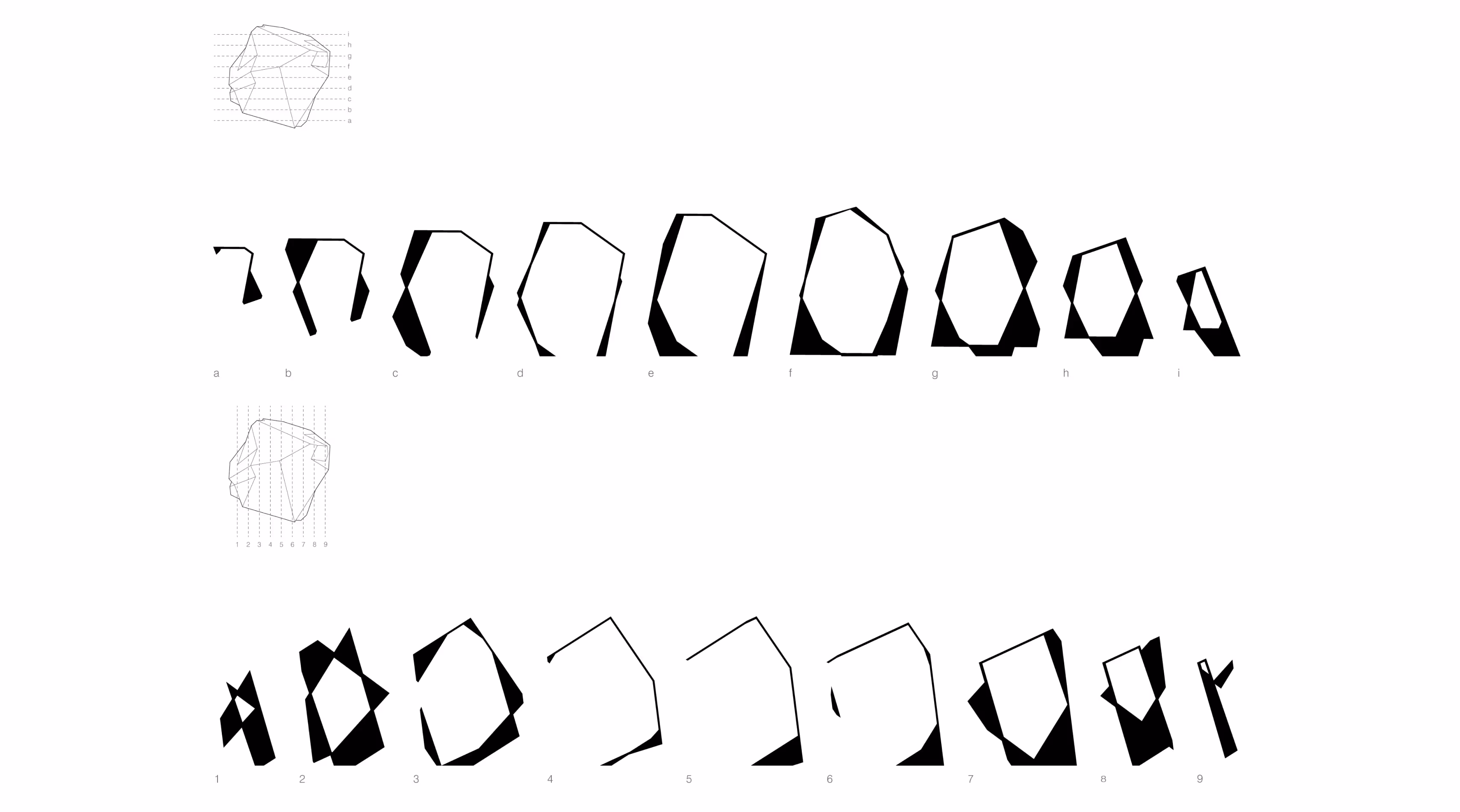 Abstract geometric shapes in two rows with small annotated outline diagrams on top left and middle left.