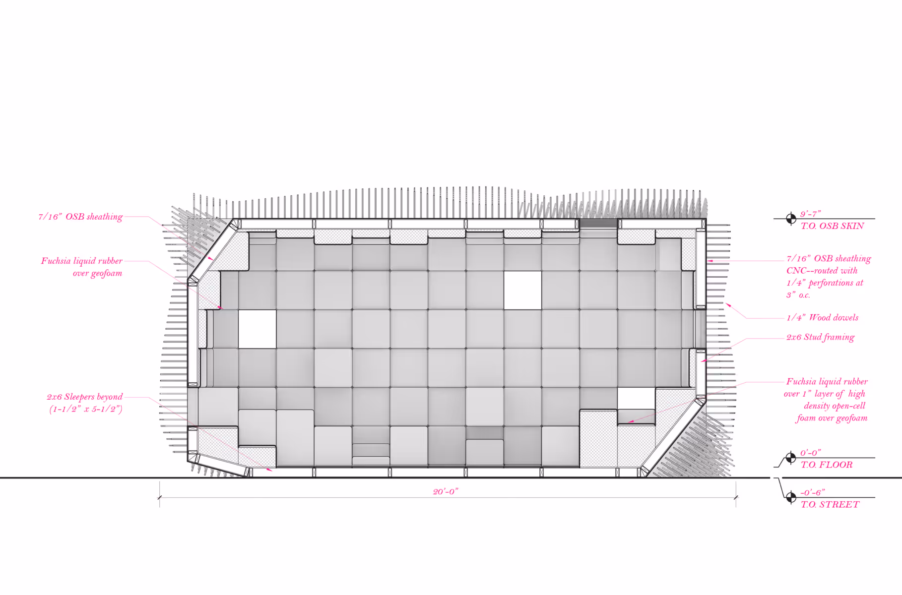 Architectural floor plan with detailed construction notes and measurements in pink text.