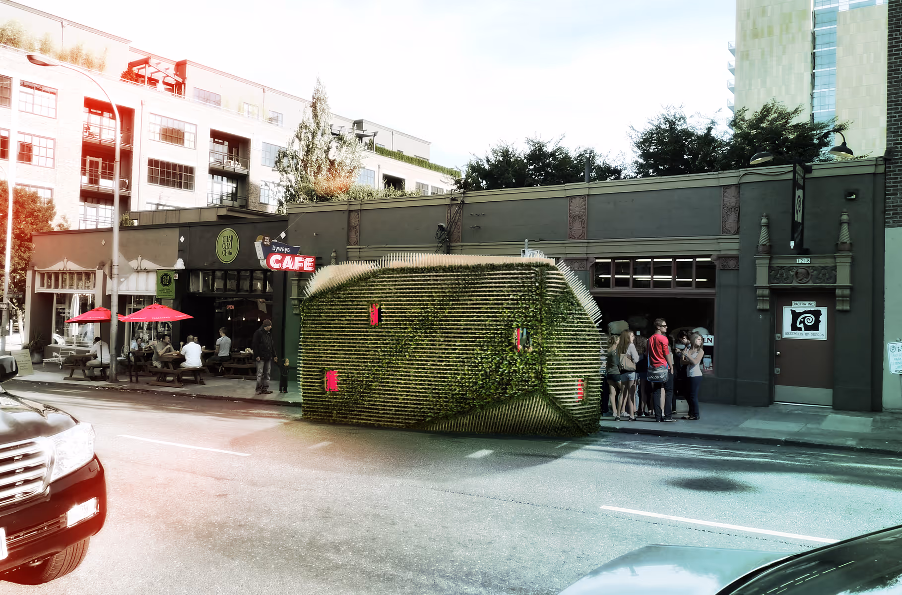 Green, futuristic vegetated vehicle on urban street near café with people gathered outside.