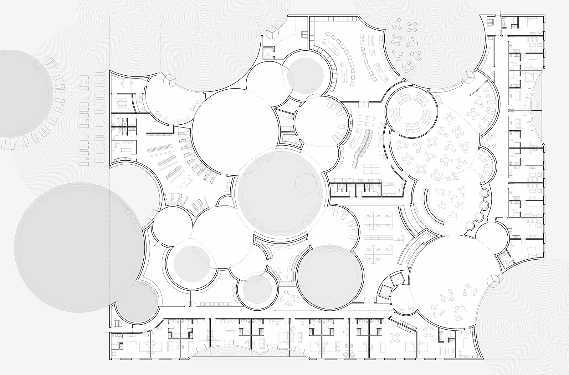 Architectural floor plan with multiple circular rooms and adjacent rectangular office spaces.