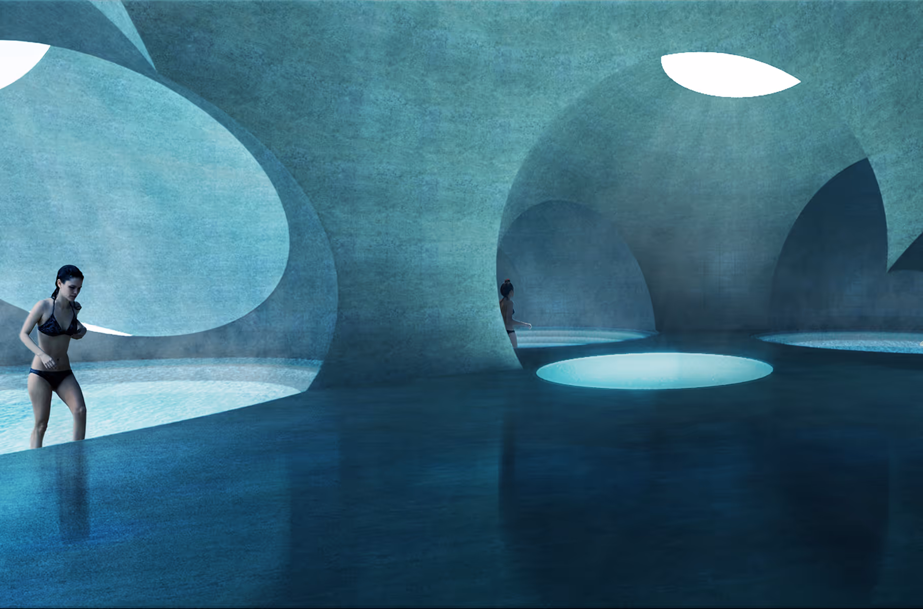 Two women in swimsuits walking in a futuristic indoor pool with curved glowing openings.