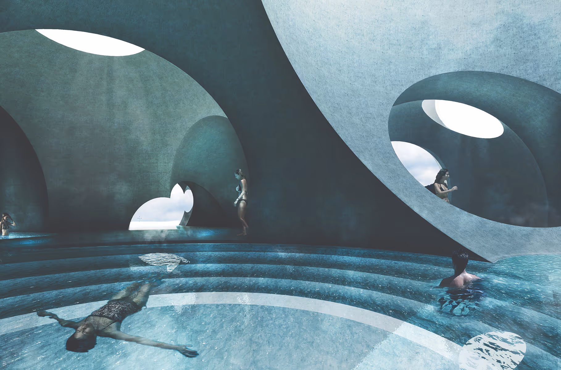 People bathing in a modern circular indoor pool with curved concrete arches and natural light.