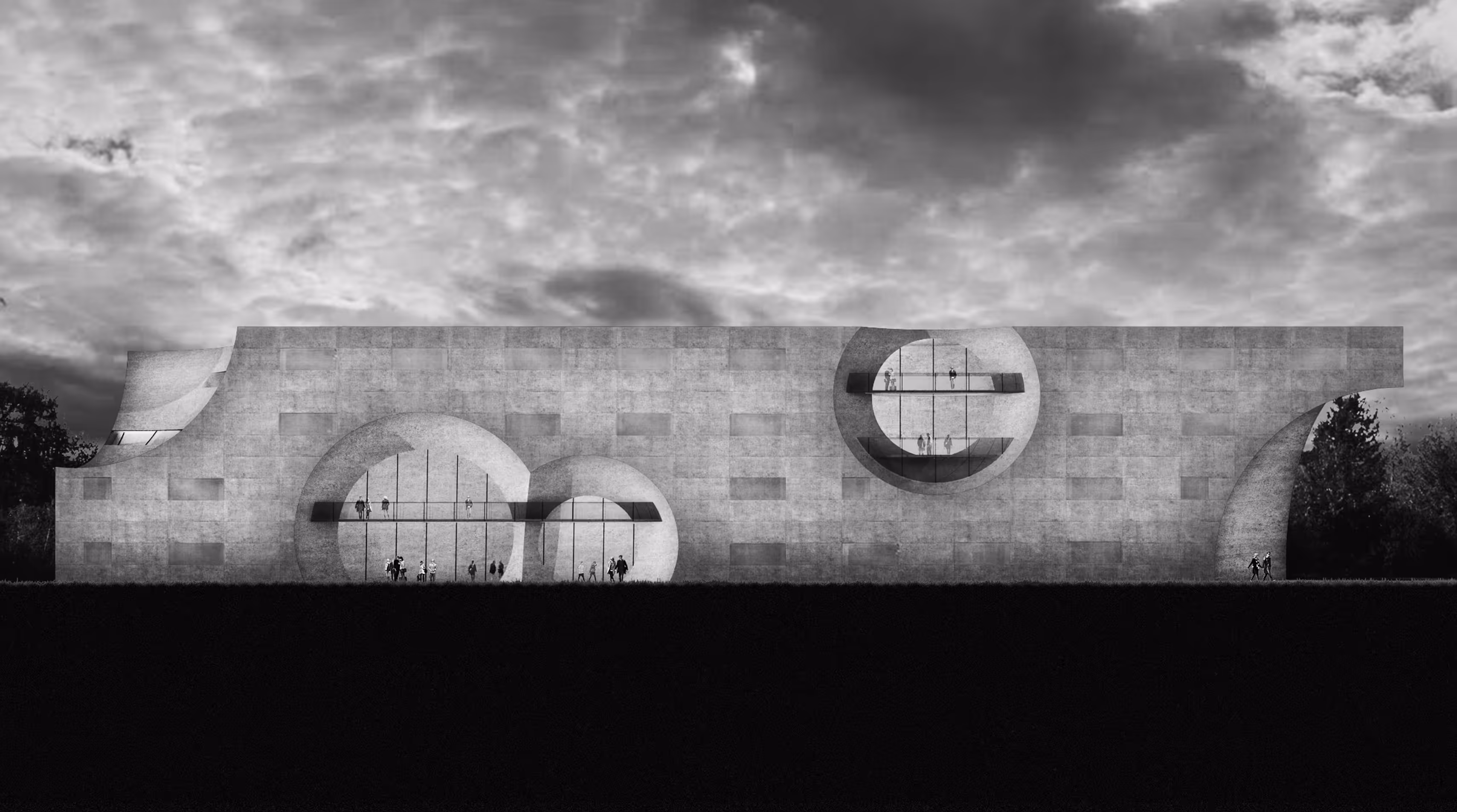 Modern concrete building with large circular windows and small people figures inside and outside.