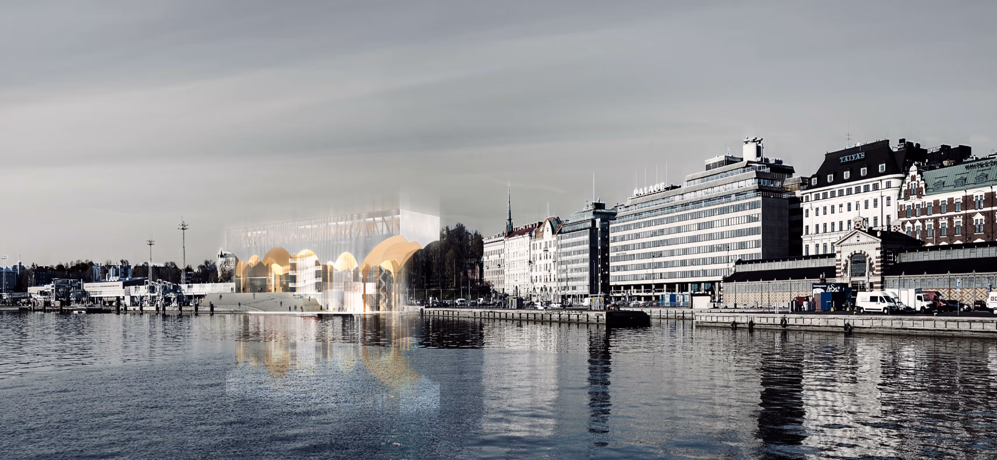 Waterfront view of Helsinki with a modern building featuring golden arches reflecting in the water.