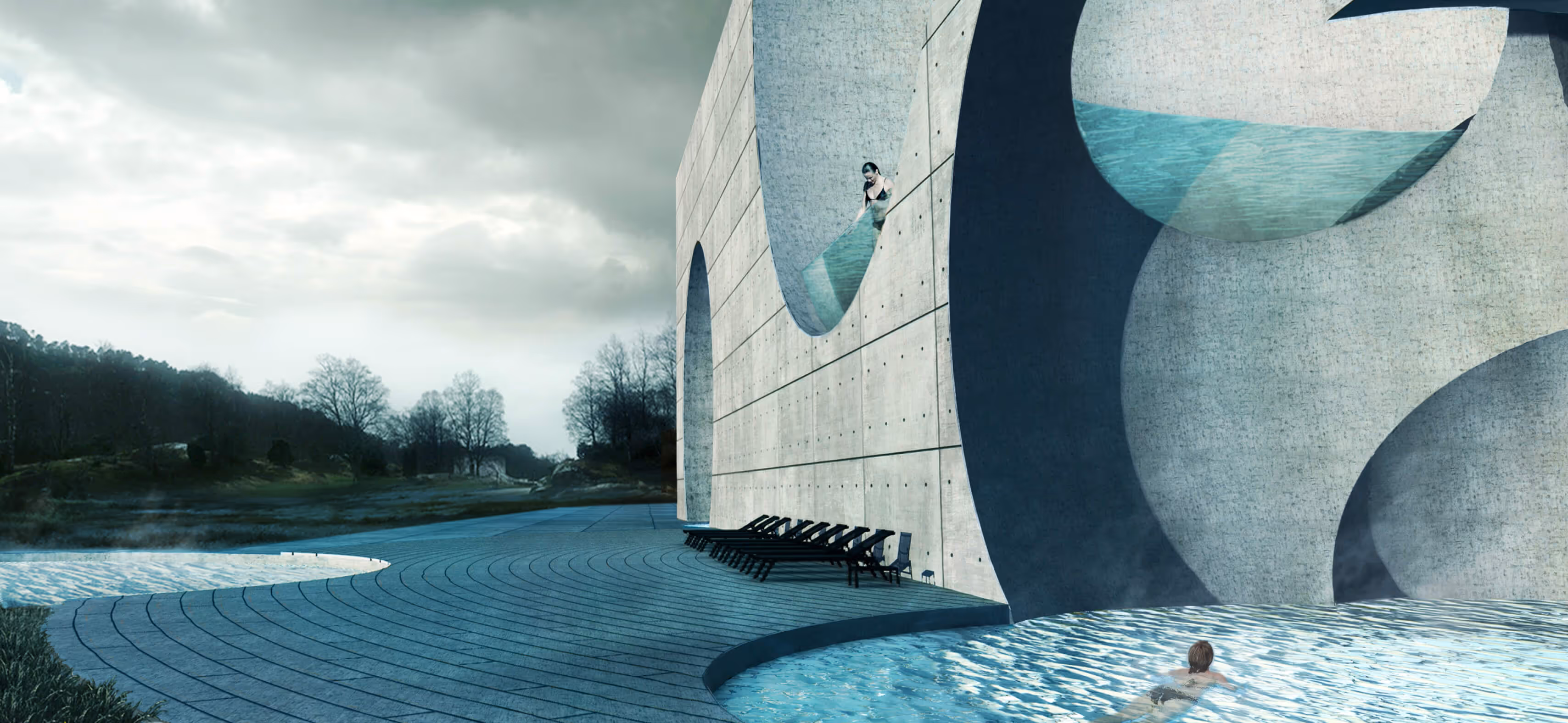 Modern pool area with curved concrete wall, swimmer in water, and woman looking from upper pool.