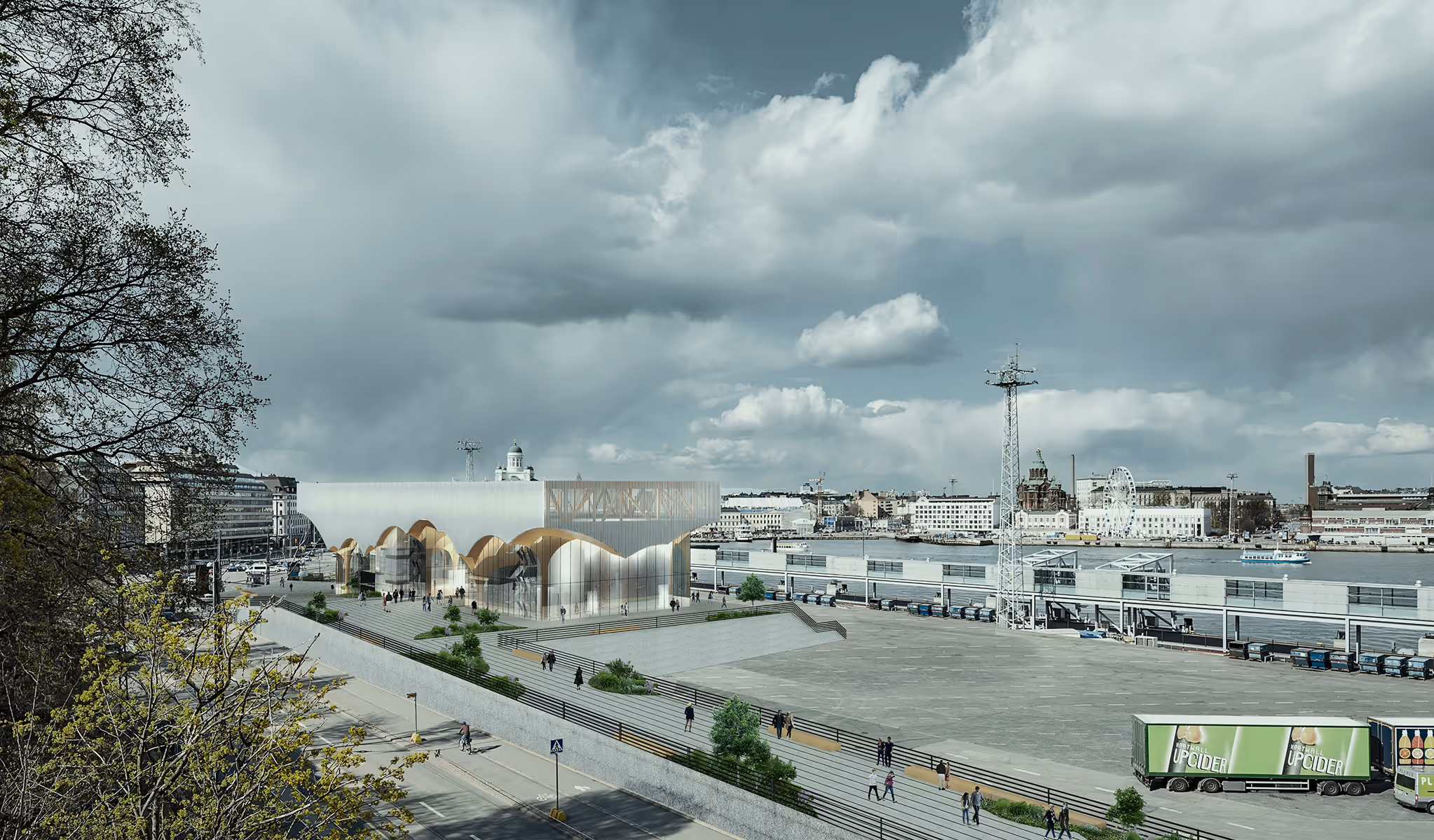 Waterfront area with modern building featuring golden arches and cityscape under cloudy sky.