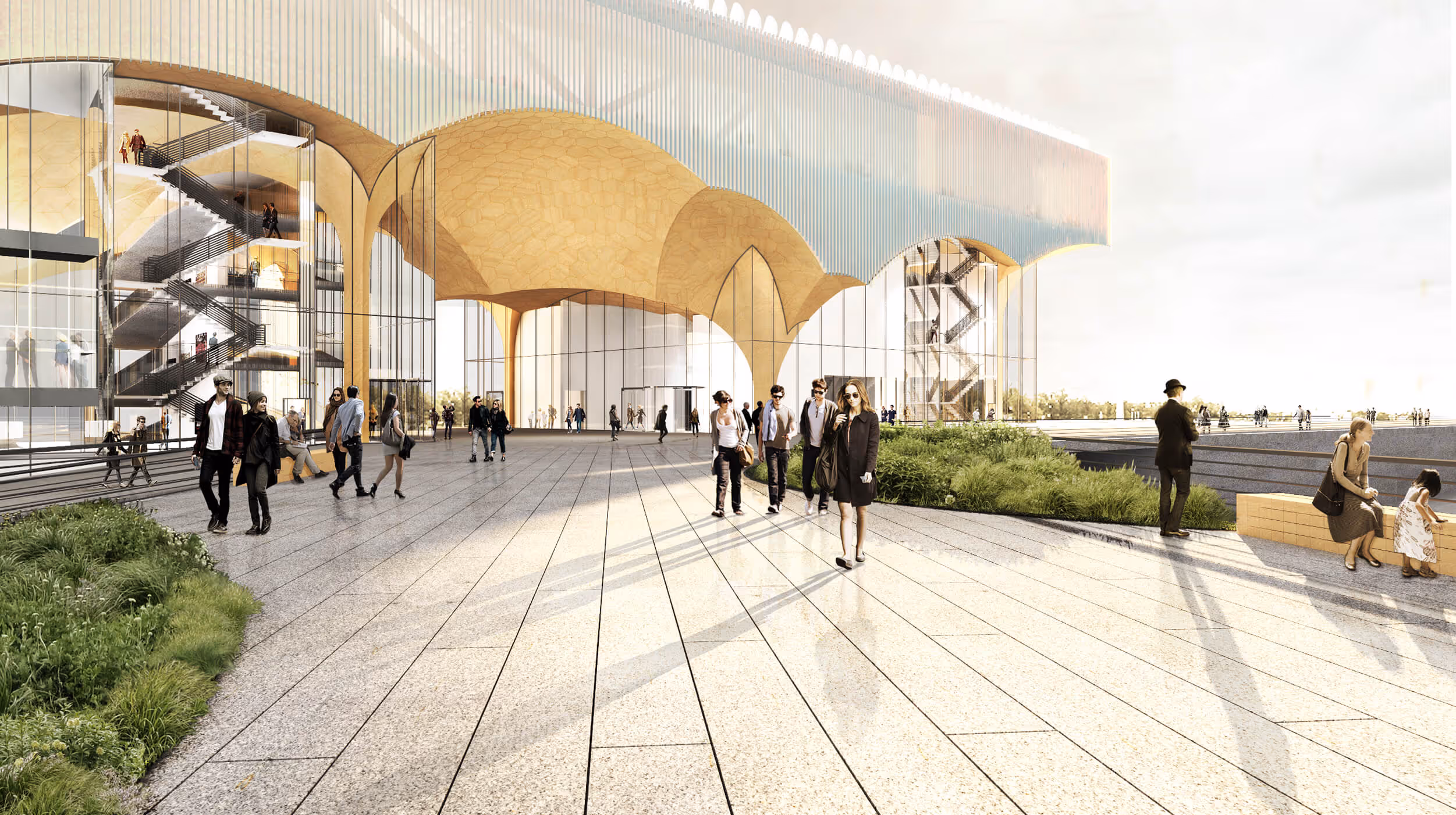 People walking and sitting outside a modern building with large glass walls and arched wooden ceilings.