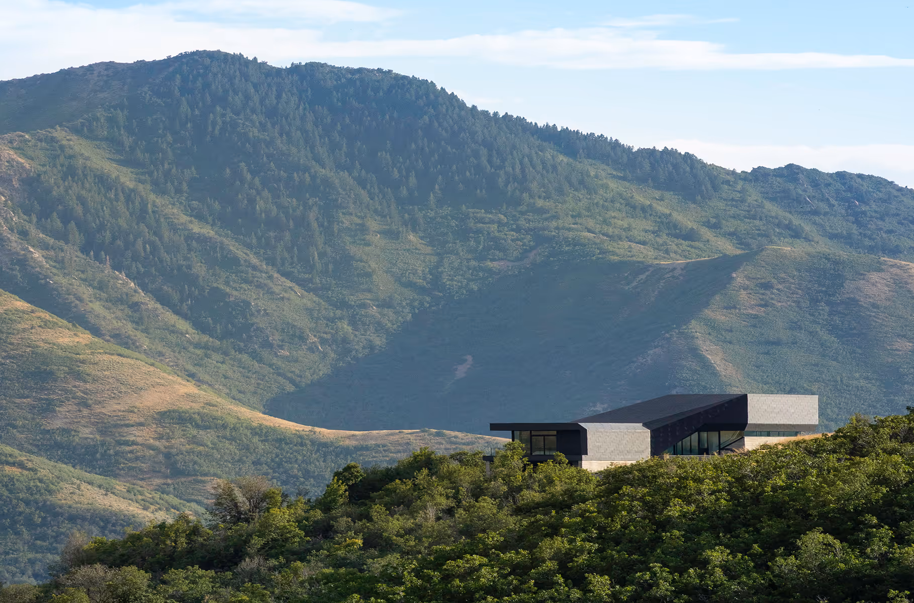 Modern house with large windows on a green hillside with forested mountains in the background.