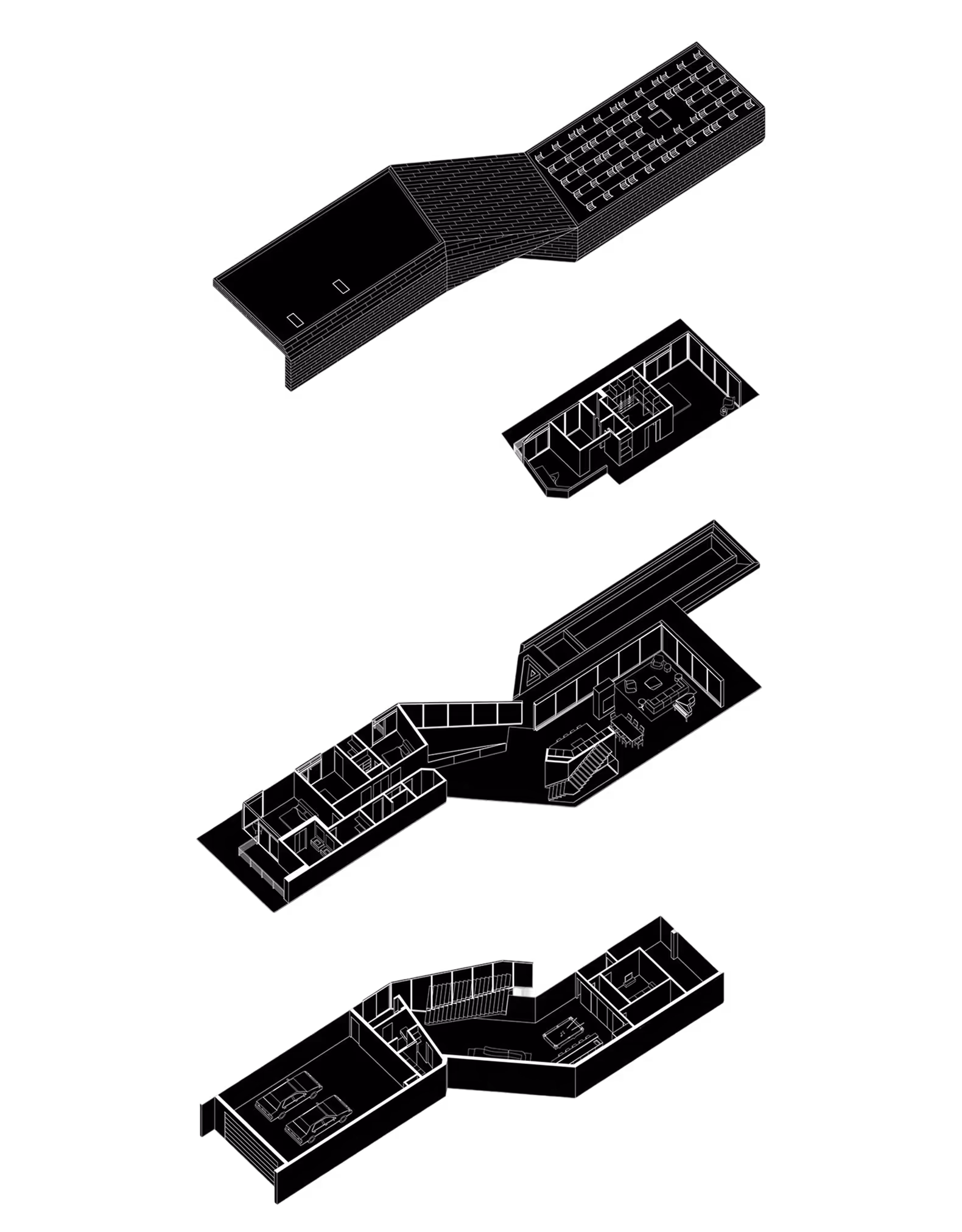 Architectural axonometric drawing showing three floor plans with detailed room layouts and furniture.
