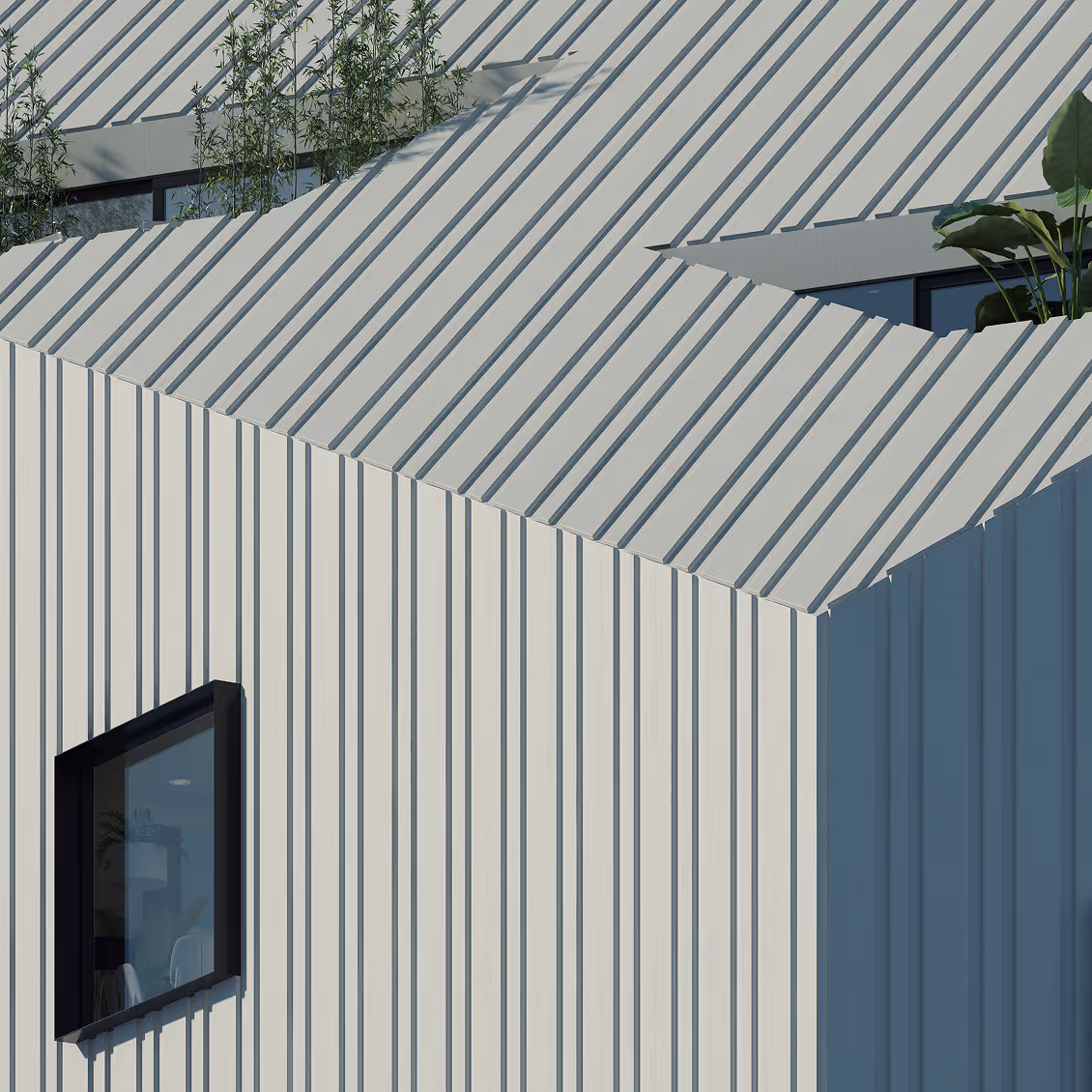 Modern building with white vertical and diagonal striped panels and a single window.