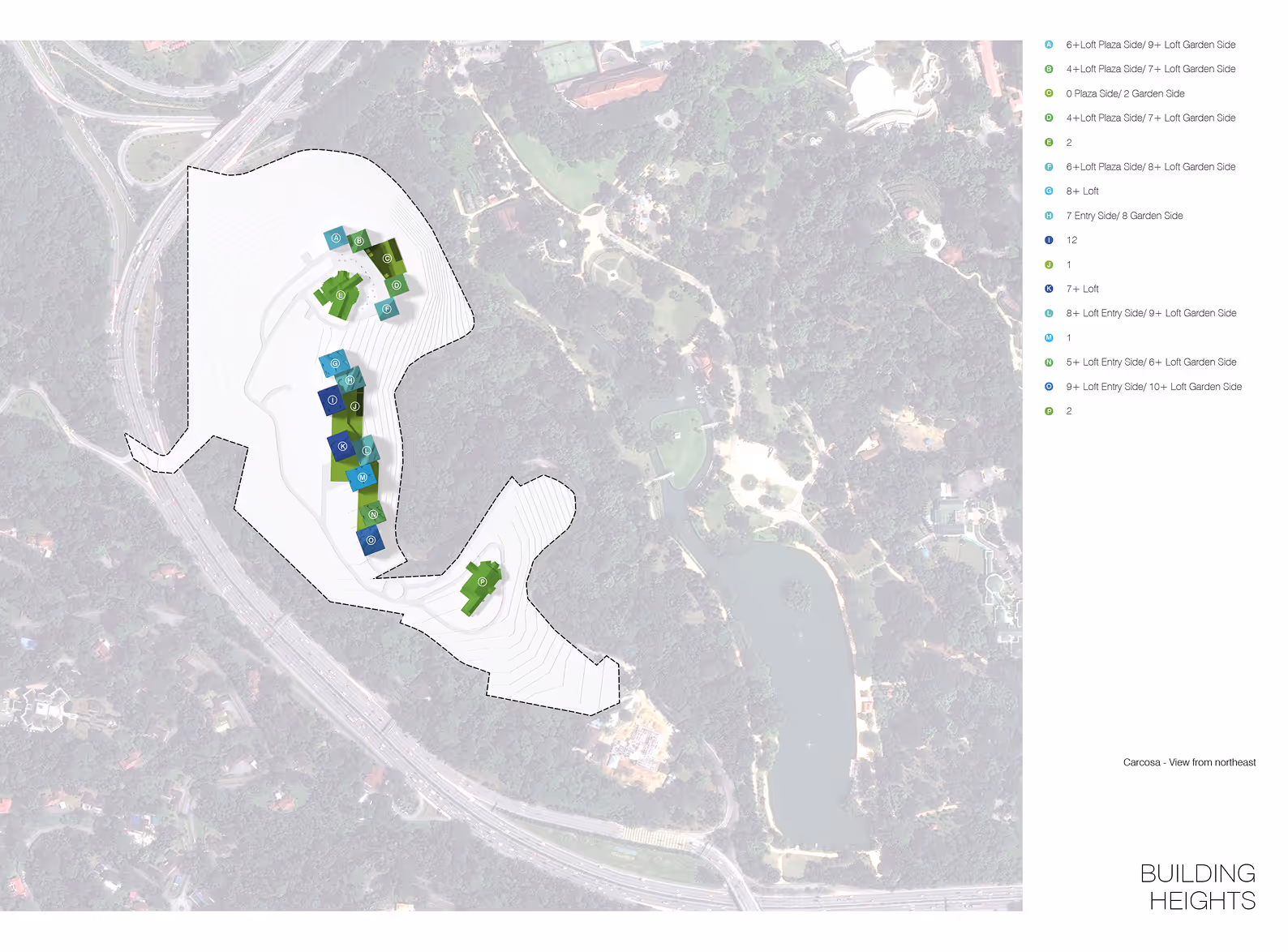 Map showing buildings of varying heights within a green, wooded area with a lake and roads nearby.