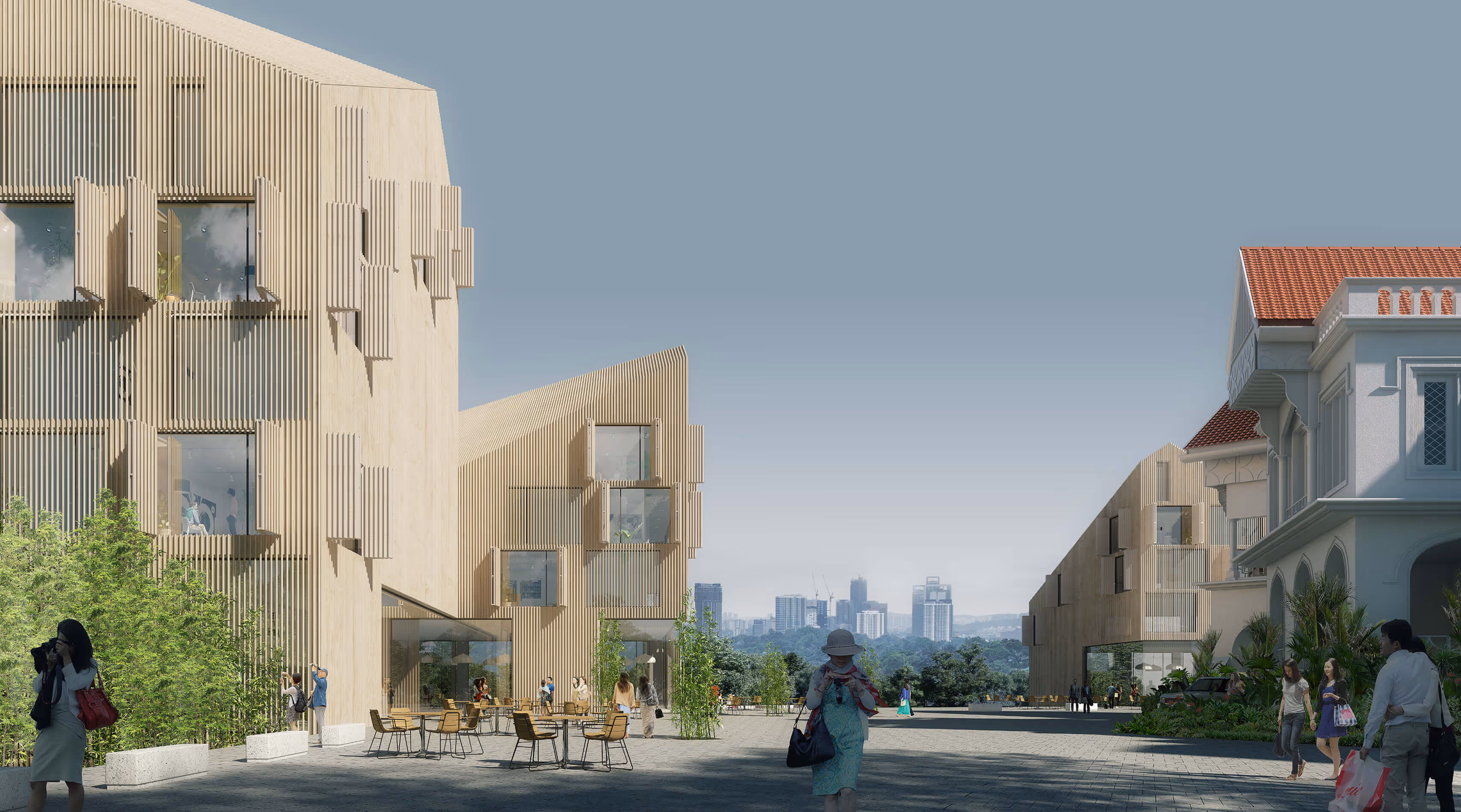 Modern beige buildings with vertical slats and open windows around a plaza with people and chairs.