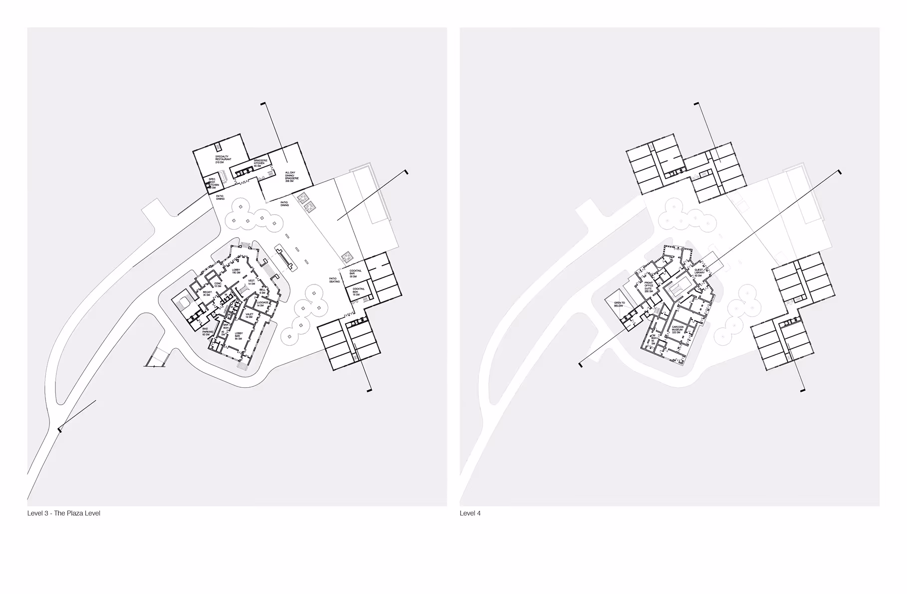 Architectural floor plans of Level 3 plaza and Level 4 with labeled rooms and outdoor areas.