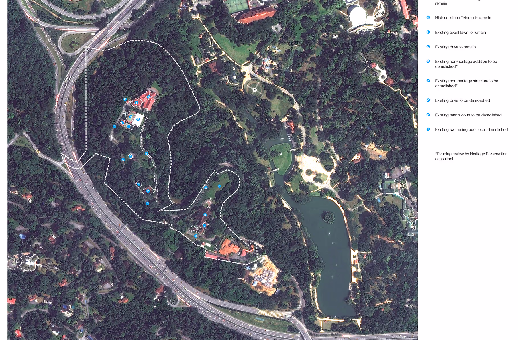 Aerial view of a park with marked zones, including roads, buildings, a lake, and wooded areas.