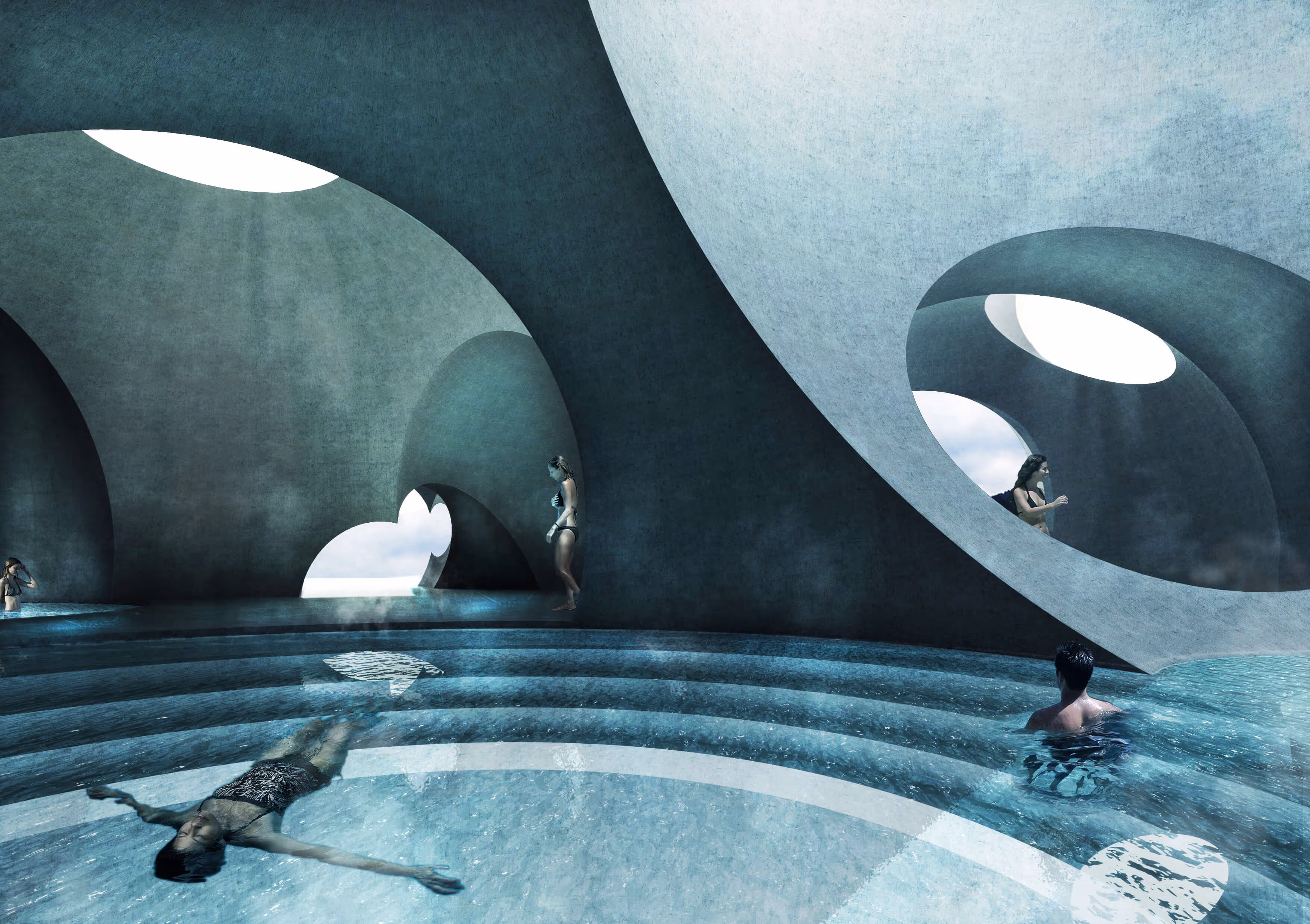 People relaxing in a modern indoor thermal bath with curved concrete walls and circular skylights.