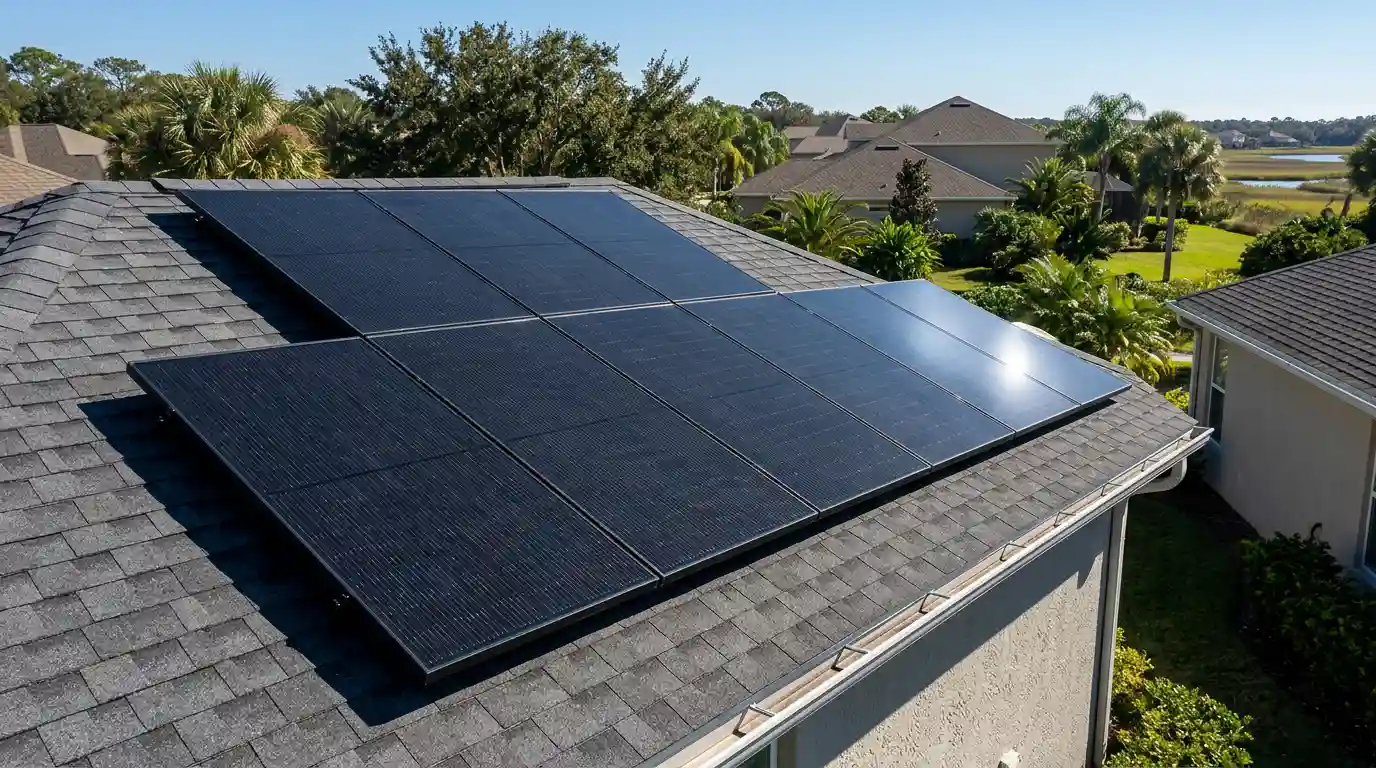 Tesla solar panel installation by Solar Bear in Heritage Landing, Saint Augustine, FL—engineered for St. Johns County coastal wind loads and FPL interconnection. 