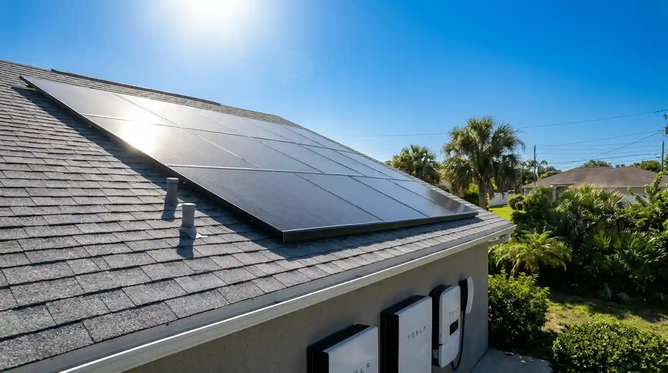 Comprehensive Tesla solar energy system by Solar Bear in Lockmar Estates, Palm Bay, FL—featuring battery backup and EV charging, engineered for Brevard County hurricane codes and FPL utility interconnection.