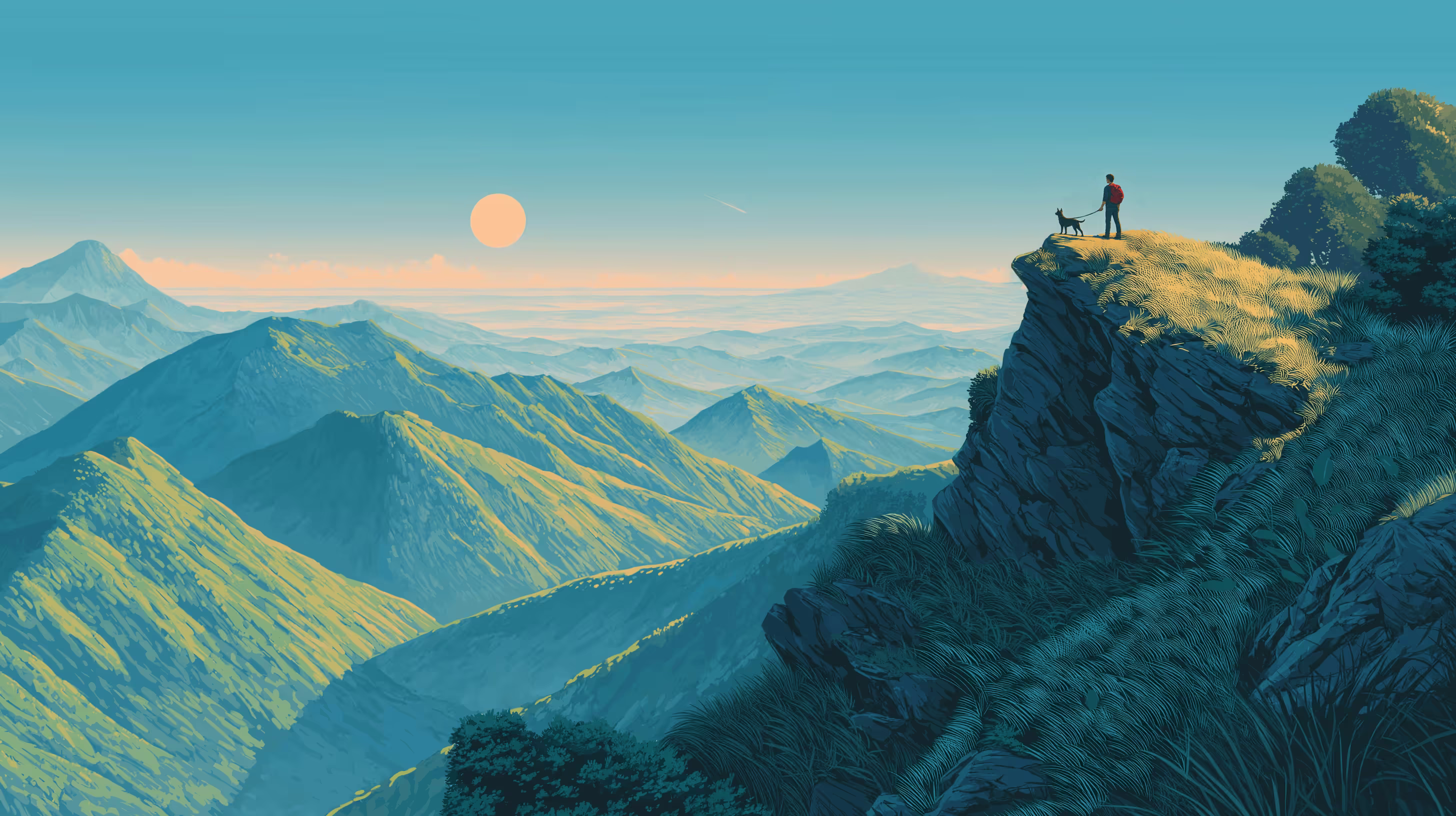 Person with red backpack and black dog standing on sunlit cliff edge overlooking layered mountain ranges at sunrise or sunset.