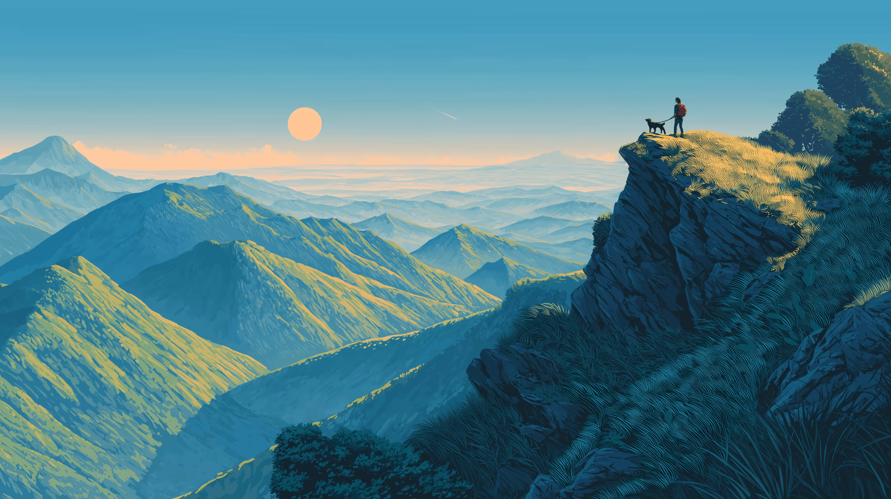 Person with red backpack and black dog standing on sunlit cliff edge overlooking layered mountain ranges at sunrise or sunset.