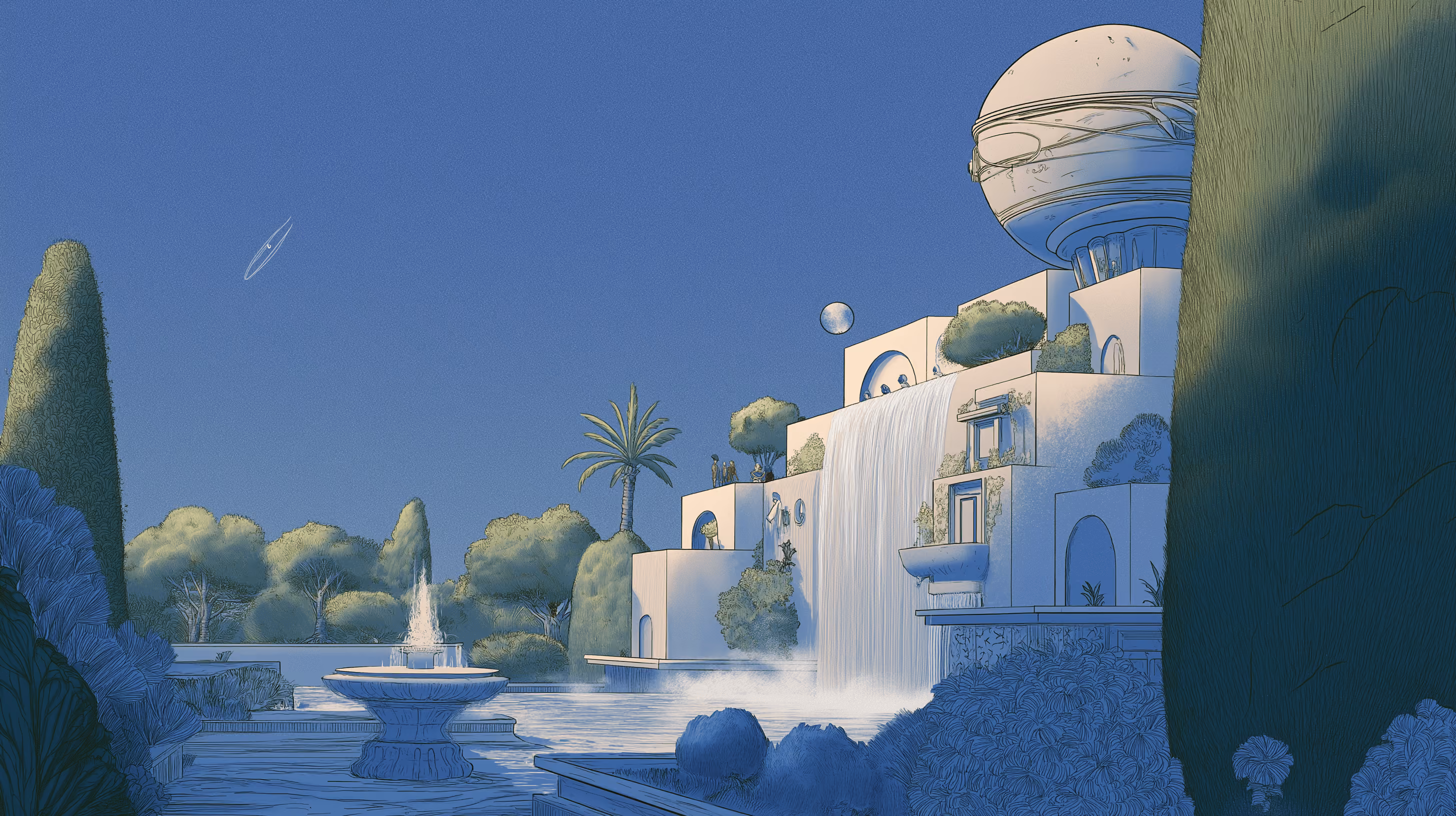 Futuristic garden with a large waterfall fountain, tiered structures, trees, and a floating sphere at dusk.