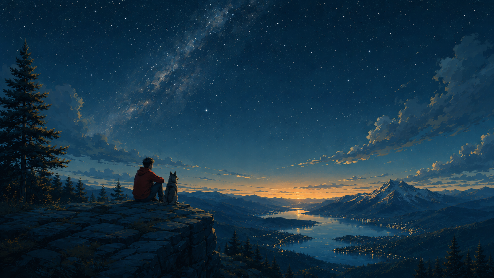 Illustration of a boy and his dog sitting on a hilltop at dusk, looking out over a starry sky and a valley of lakes and distant lights.