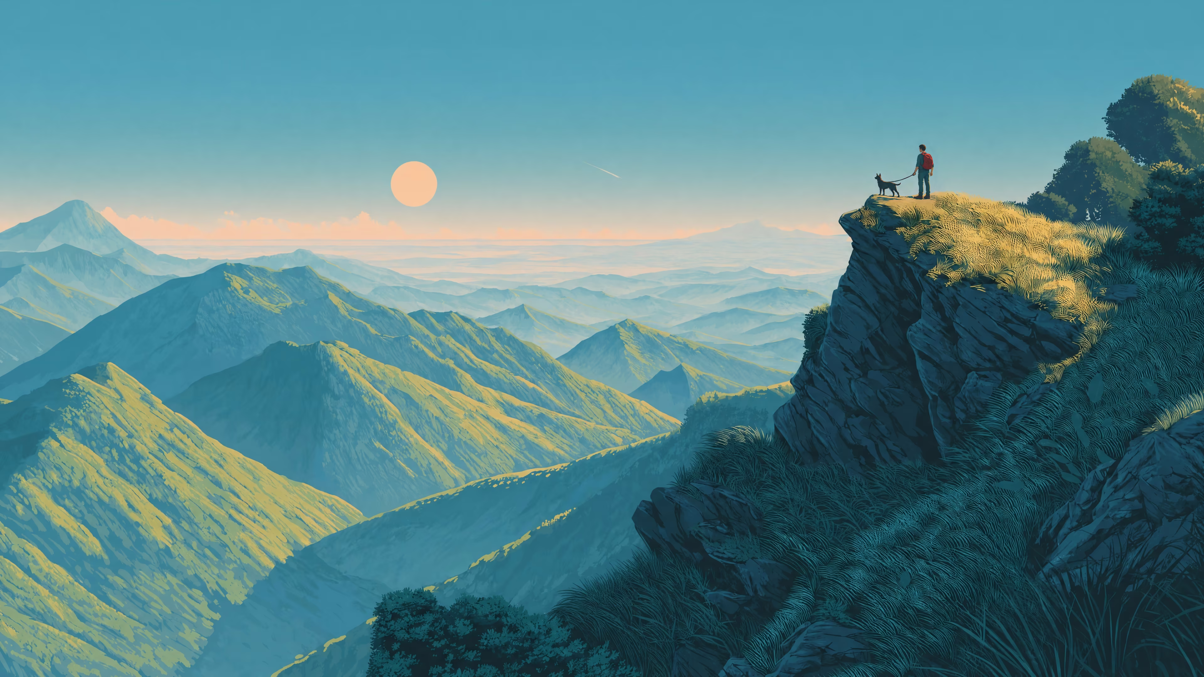 Person and dog standing on a mountain cliff overlooking layered green ranges under a pale sun