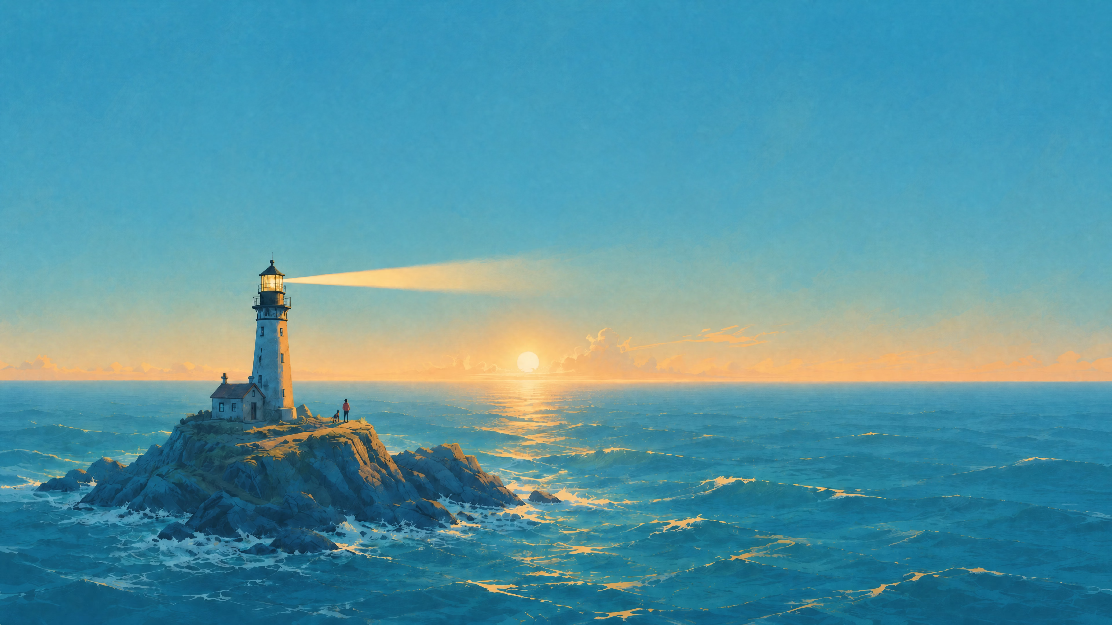 Lighthouse on a rocky island at dusk, its beam sweeping across the sea.