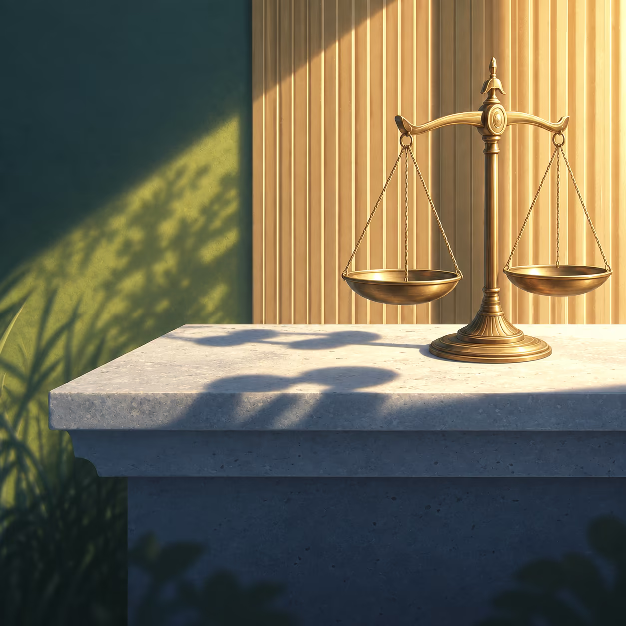 Golden balance scale casting shadow on stone pedestal lit by warm sunlight with grass and wall in background.