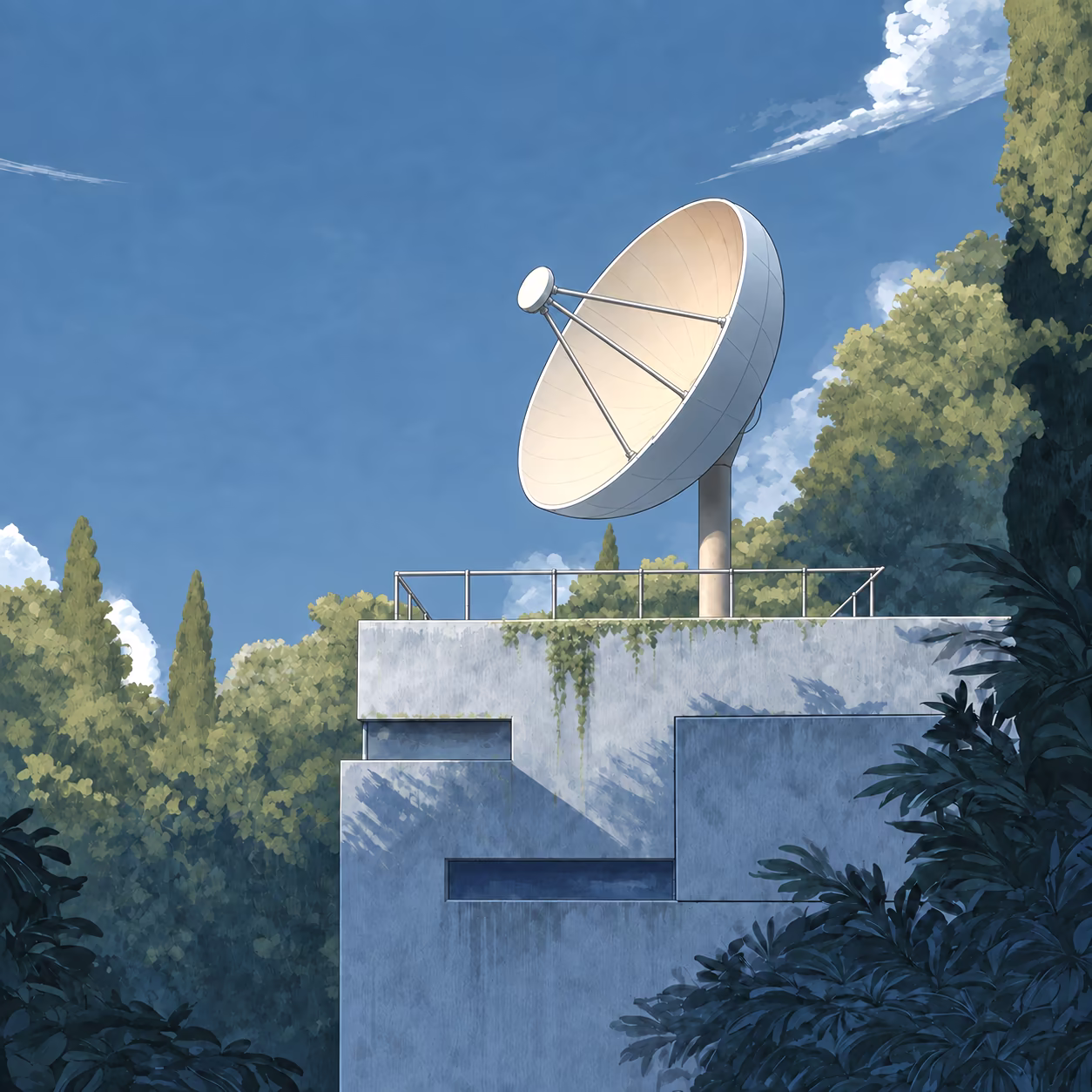 Large white satellite dish on a concrete rooftop terrace among trees under a deep blue sky.