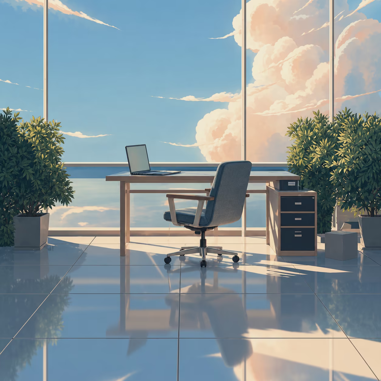 Sunlit corner office with a laptop on a wooden desk, an office chair, potted plants and towering clouds beyond floor-to-ceiling windows.