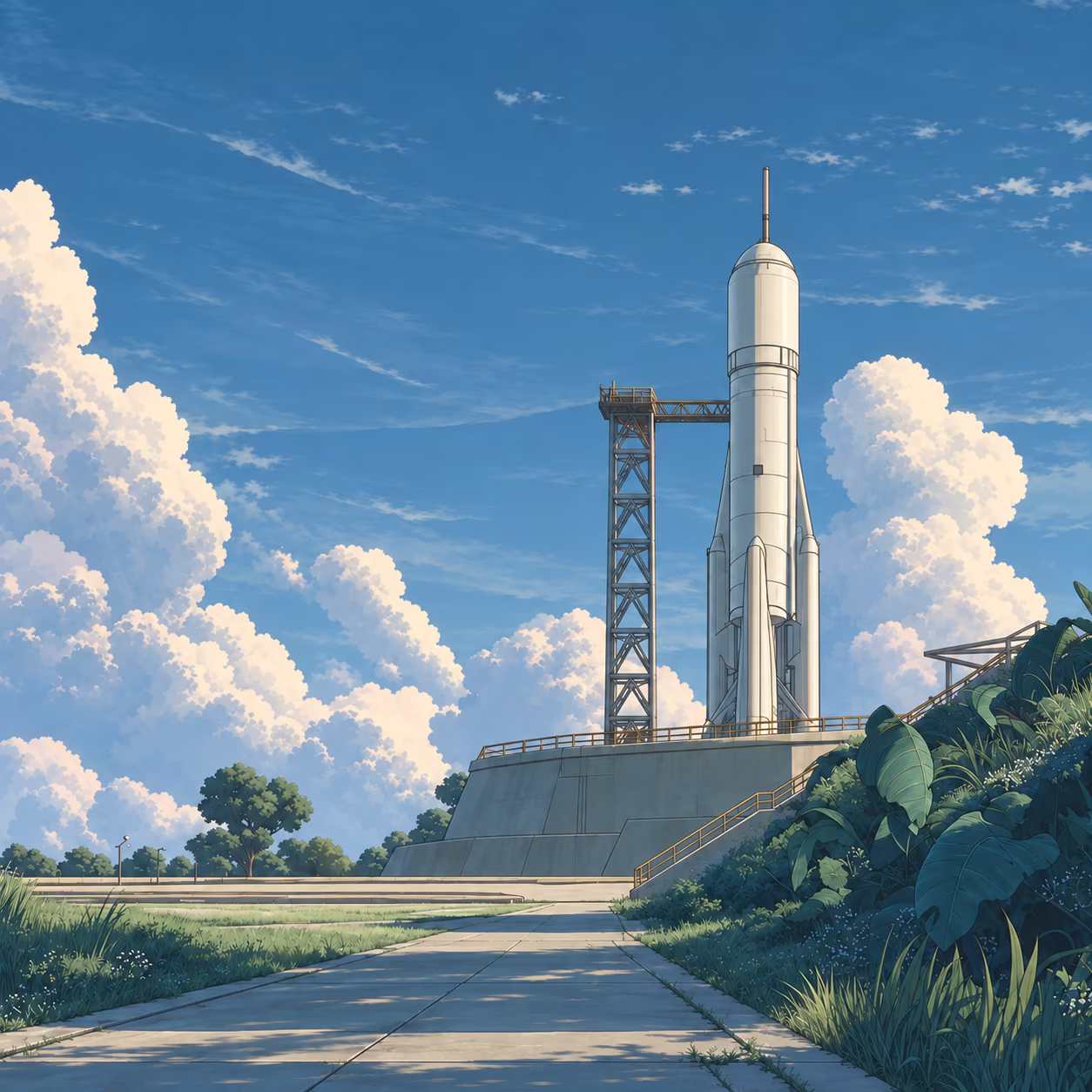 Illustration of a rocket on a launchpad surrounded by greenery under a blue sky with large clouds.