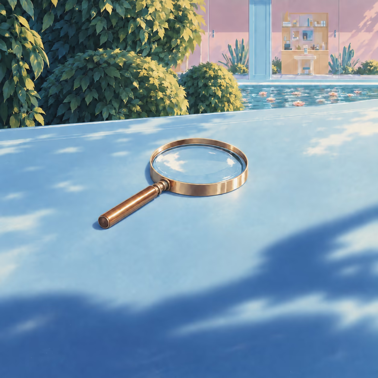 Magnifying glass with a wooden handle casting a shadow on a blue surface near sculpted green bushes and a water lily pond in front of a pastel pink building with large windows.
