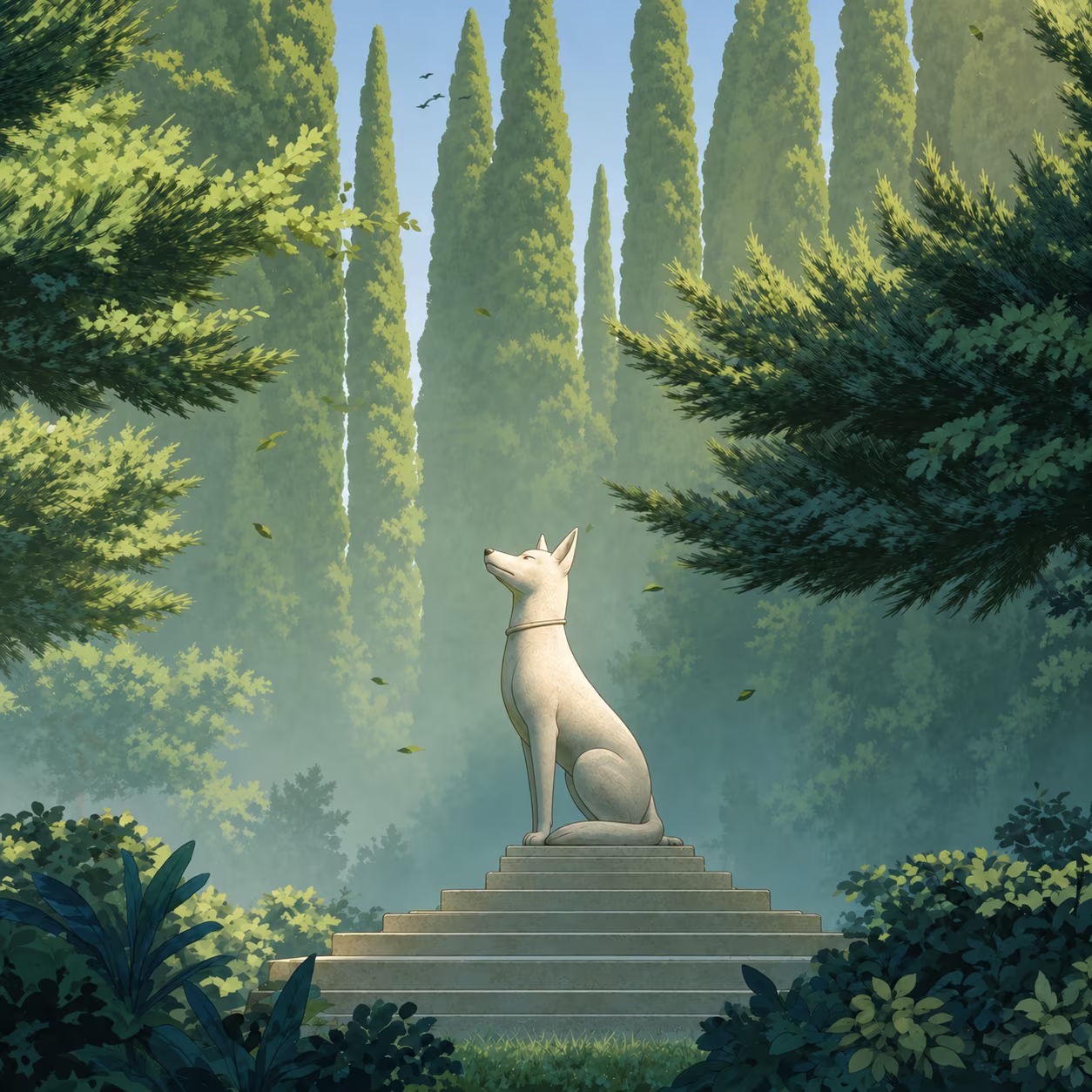 Statue of a dog sitting on a stepped pedestal surrounded by tall trees and plants in soft sunlight.