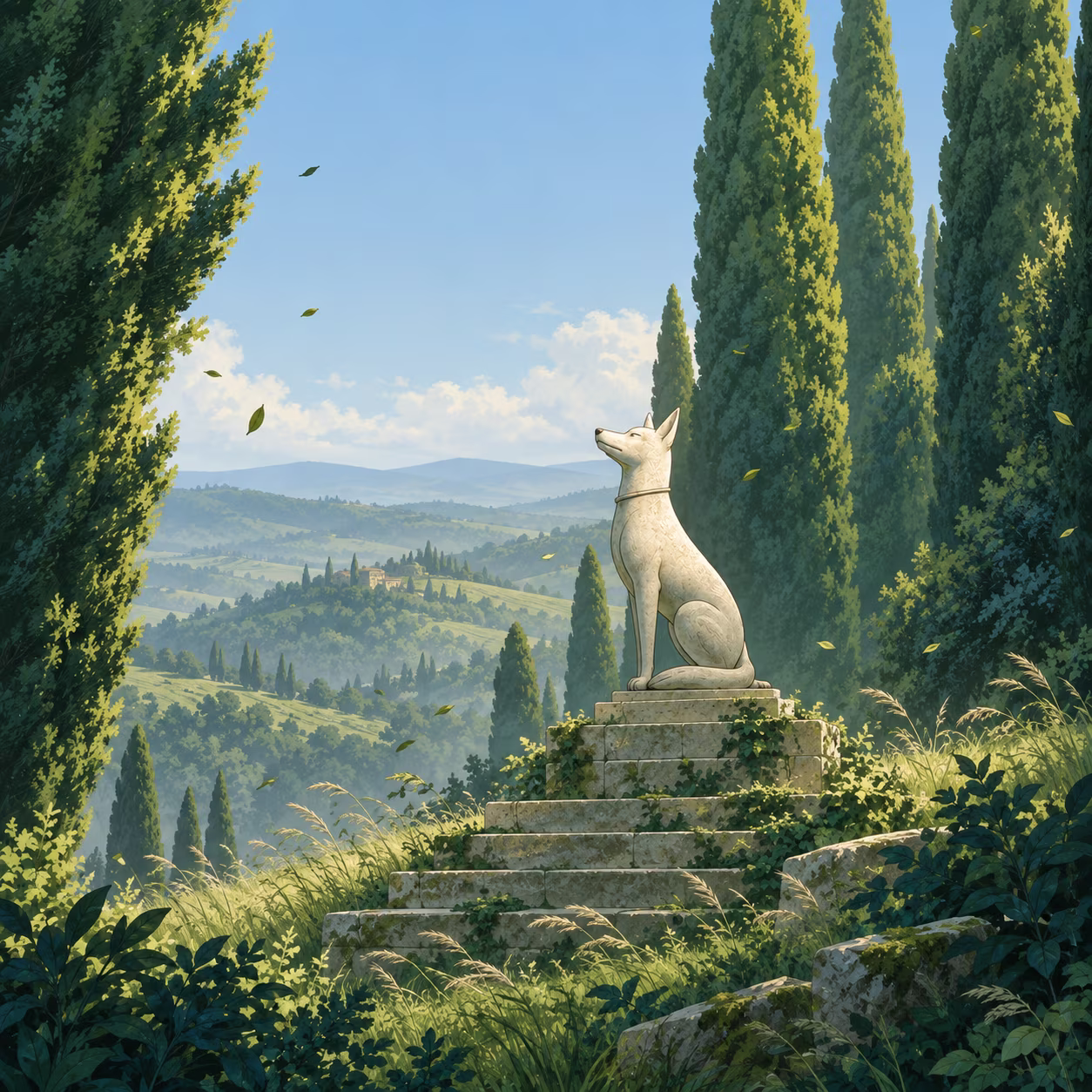 Statue of a dog sitting on a stepped pedestal surrounded by tall trees and plants in soft sunlight.