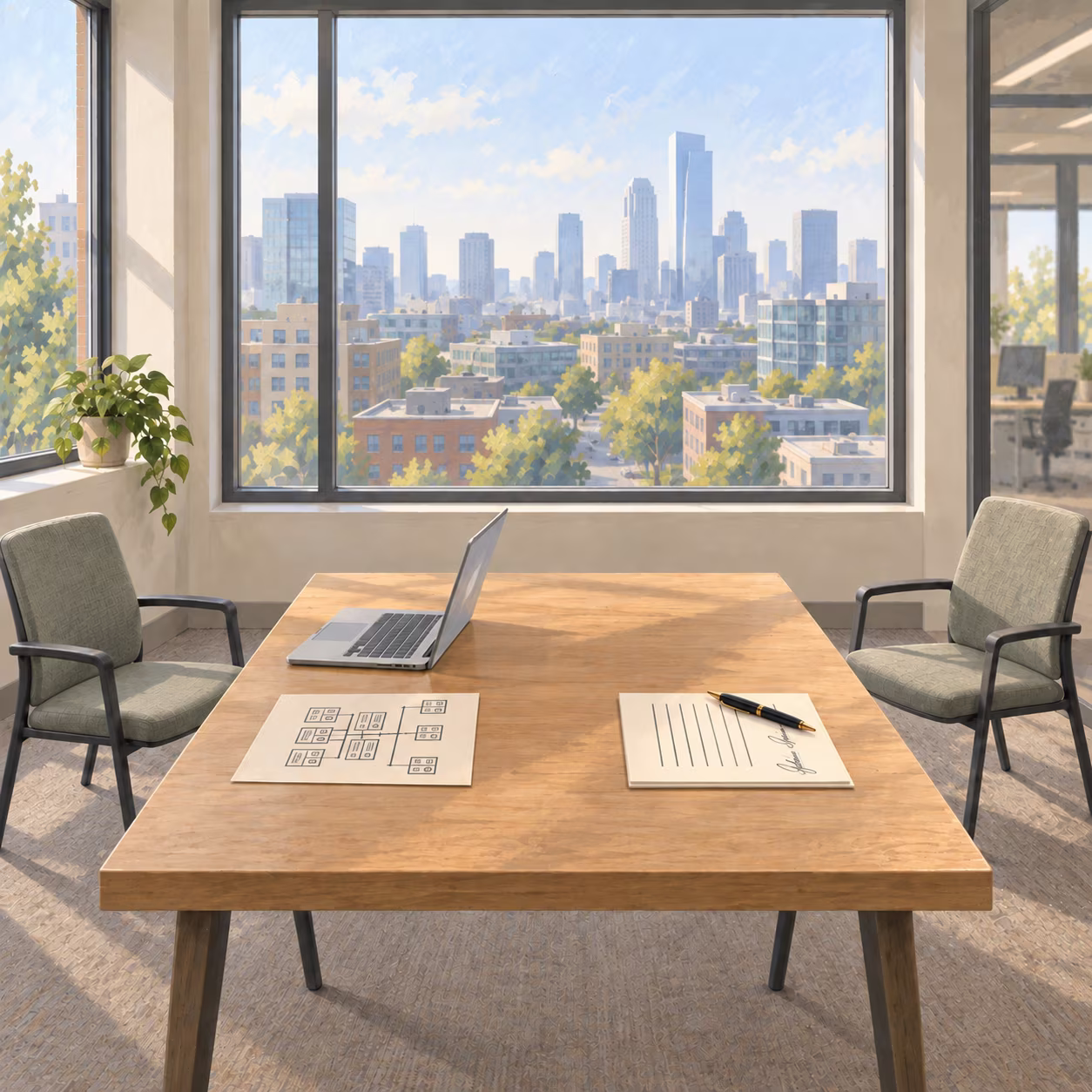 Illustration of a meeting table by a window over a city skyline, with a laptop and network diagram on one side and a signed agreement and pen on the other.