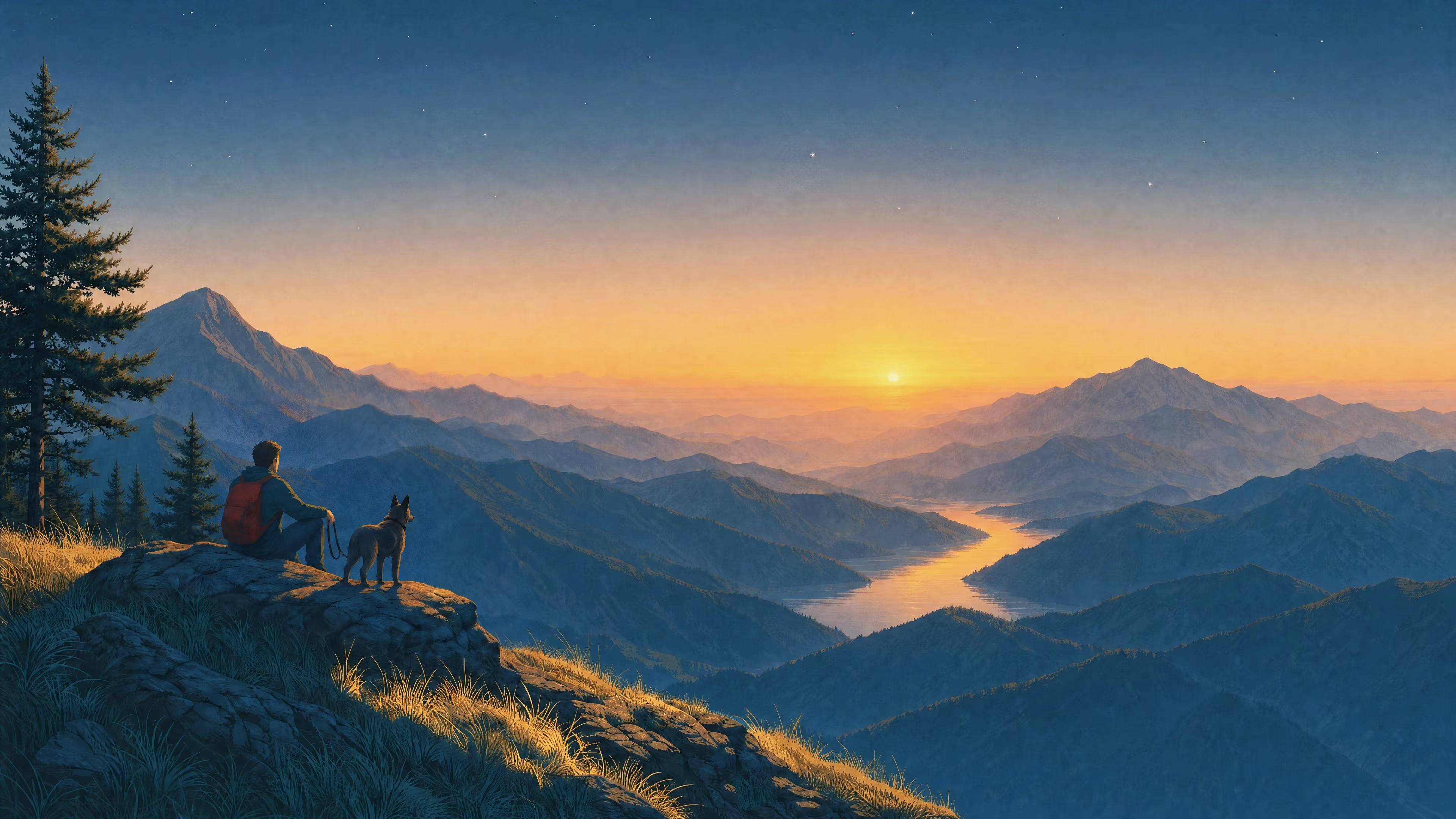 Illustration of a hiker and their dog sitting on a rocky outcrop at sunset, looking out over layered mountain ridges and a river winding through the valley below.