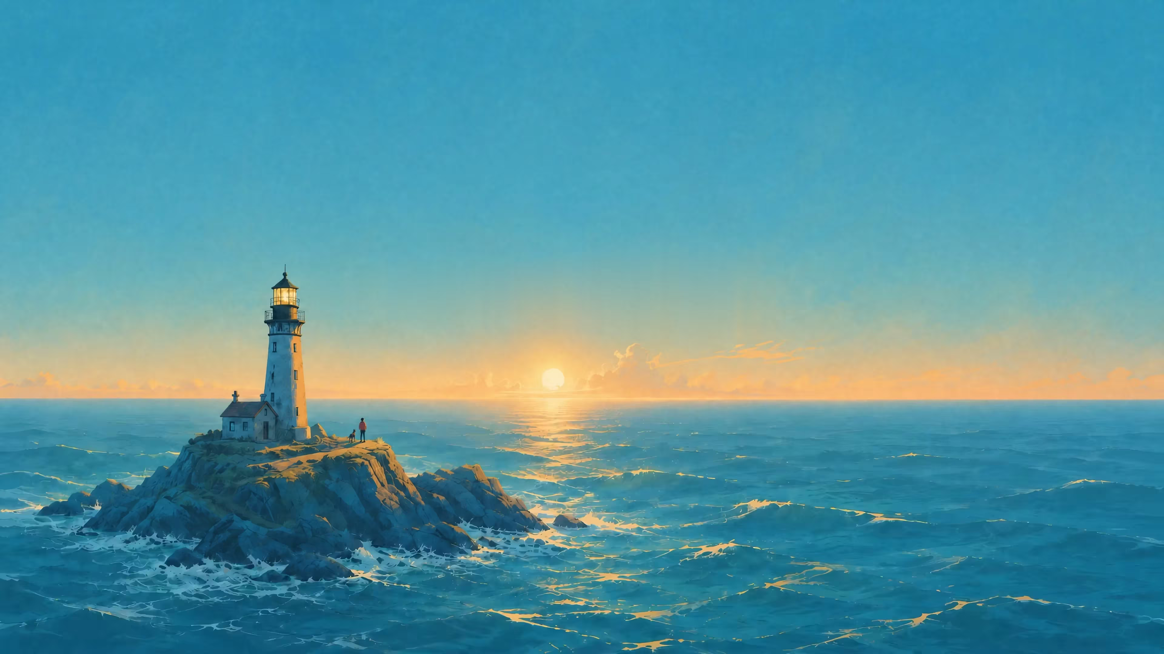 Lighthouse on a rocky island at dusk.