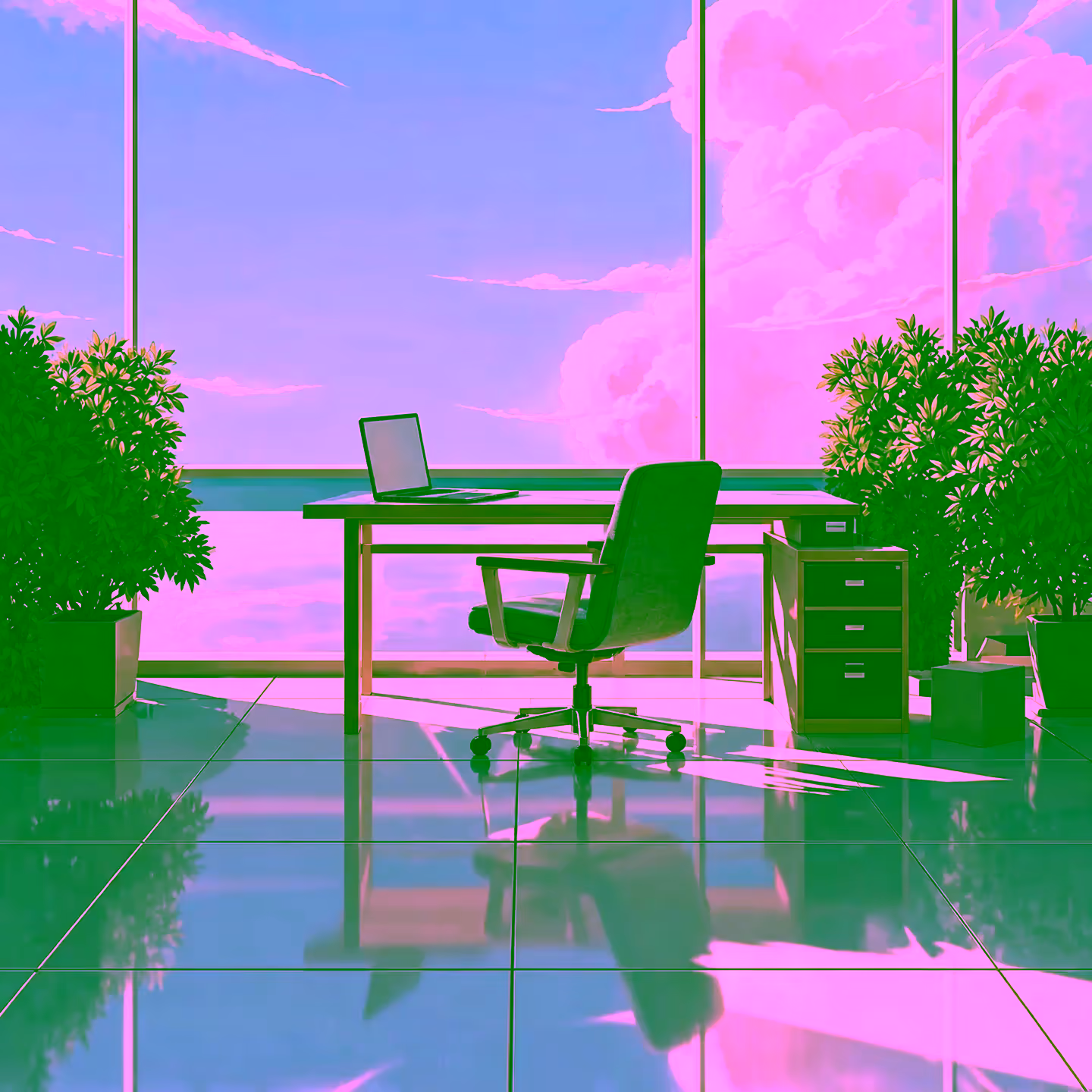Sunlit corner office with a laptop on a wooden desk, an office chair, potted plants and towering clouds beyond floor-to-ceiling windows.