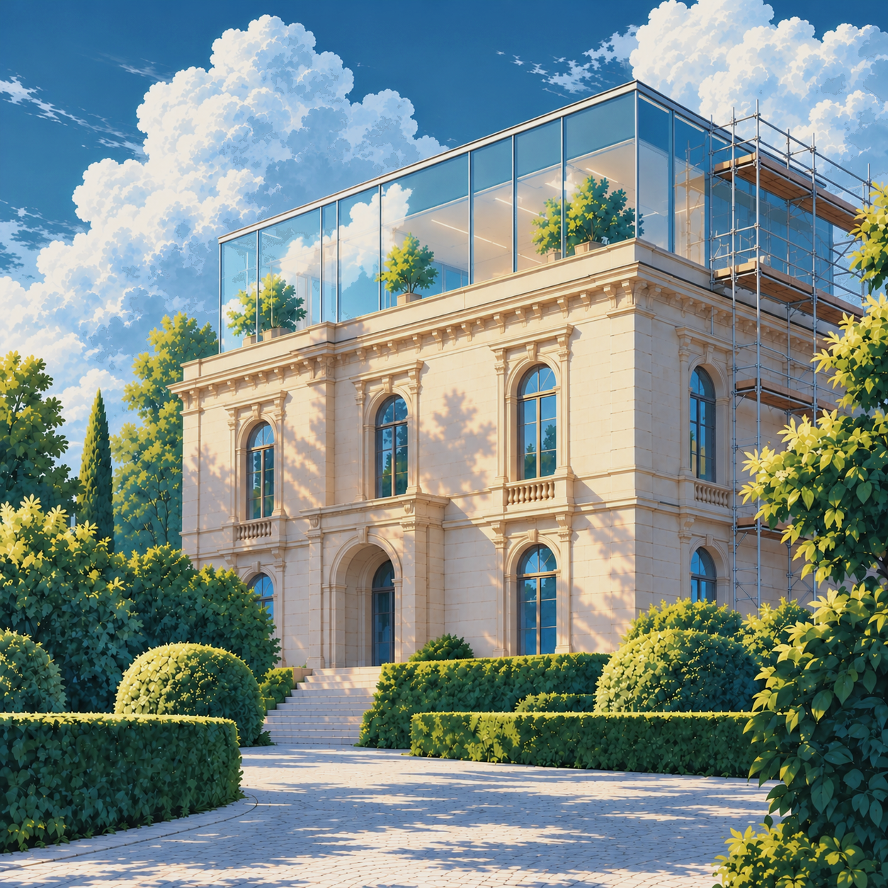 Classical stone building with a new glass top floor and scaffolding, among hedges and trees under a blue sky with large clouds.
