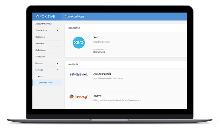Laptop screen showing Xero as a connected app in the APositive user interface