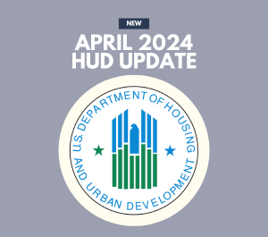 The HUD logo with text indicating that it shares information about the recently updated HUD recommendations from April 2024