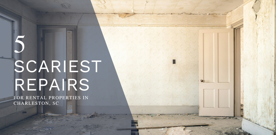 A room under repair with text saying "5 Scariest Repairs for Rental Properties in Charleston, SC"
